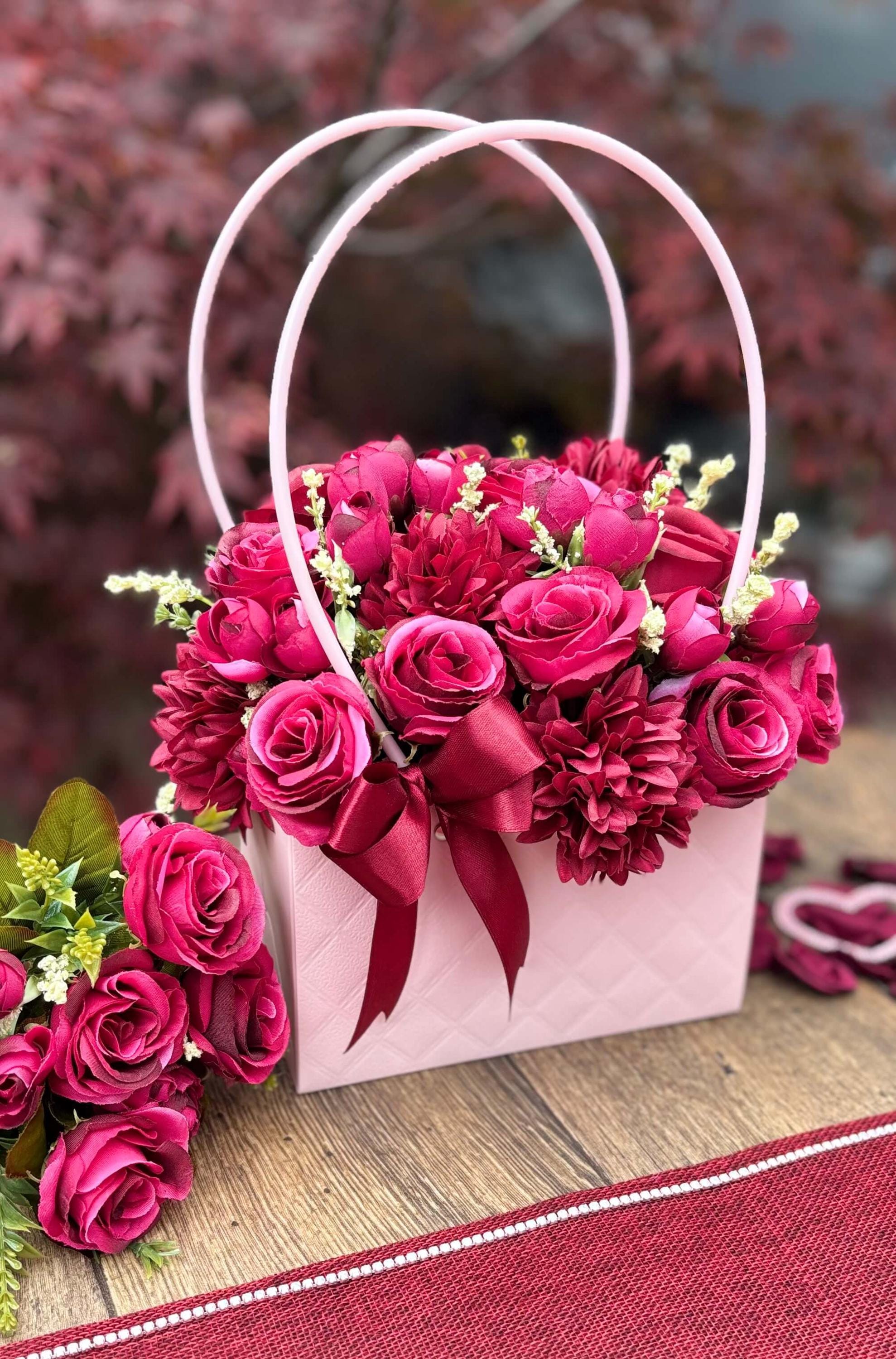 The Bloom Bag - Roseberry Pink  | Burgundy Pink Artificial Flower Arrangement in Decorative Pink Handbag