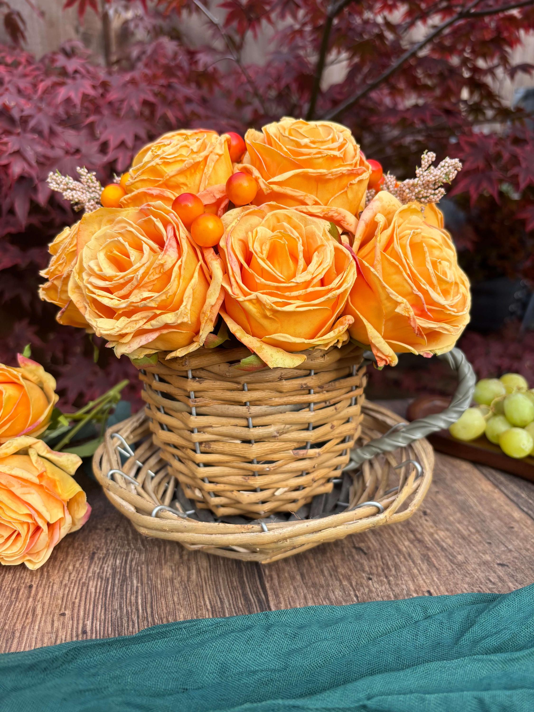 The Teacup - Autumn Rose - Artificial Flower Arrangement in Wicker Teacup – Yellow & Orange Roses with Berries