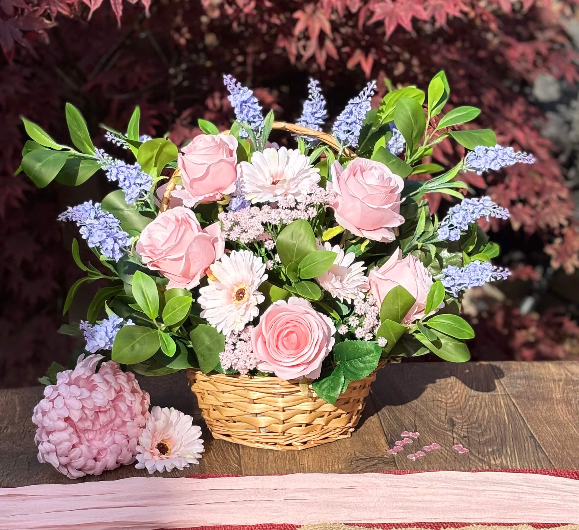 The Bloom Basket - Graceful Garden | Pink & Blue Artificial Flower Arrangement in Wicker Basket