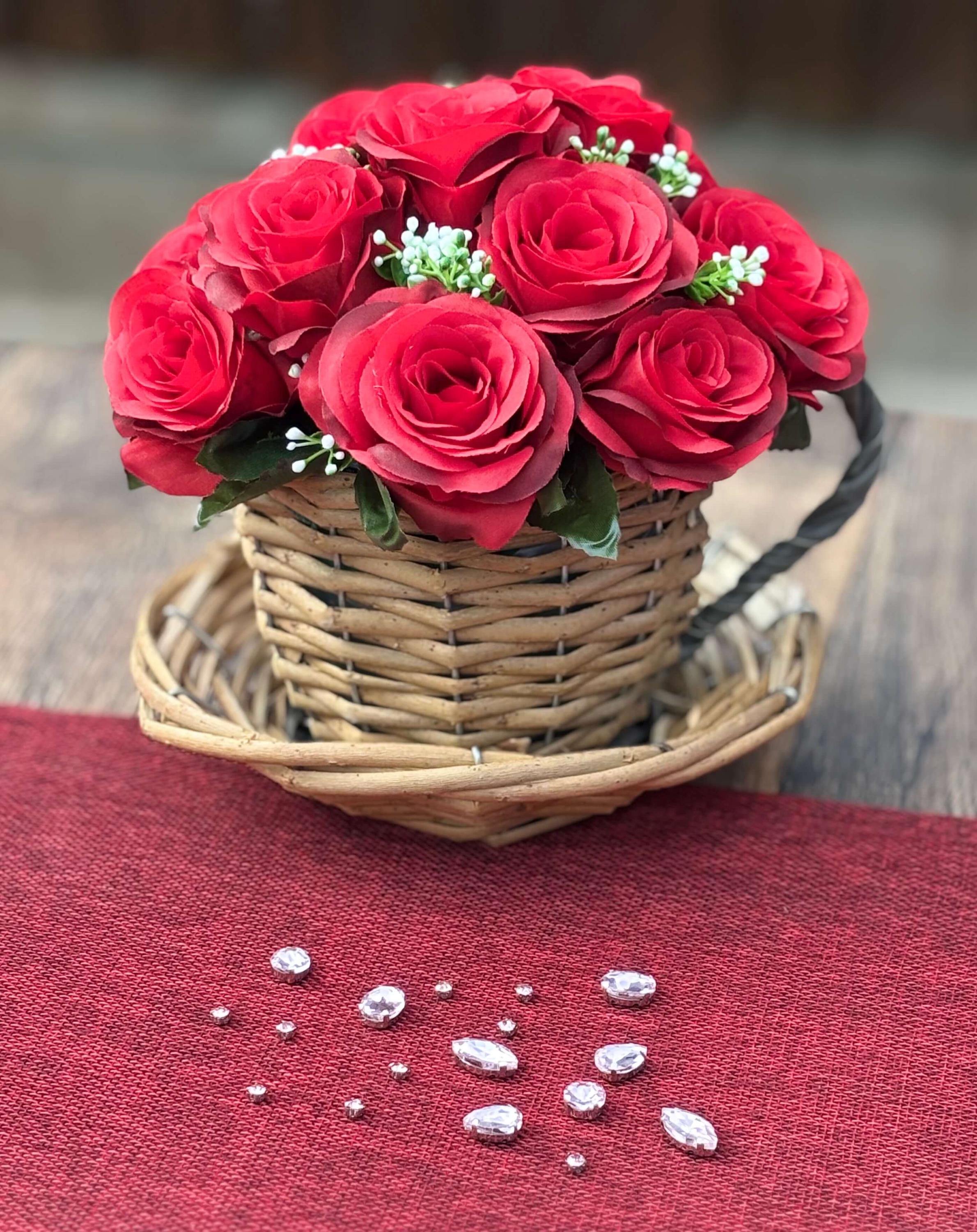 The Teacup - Sweetheart | Artificial Red Rose Flower Arrangement in Wicker Teacup