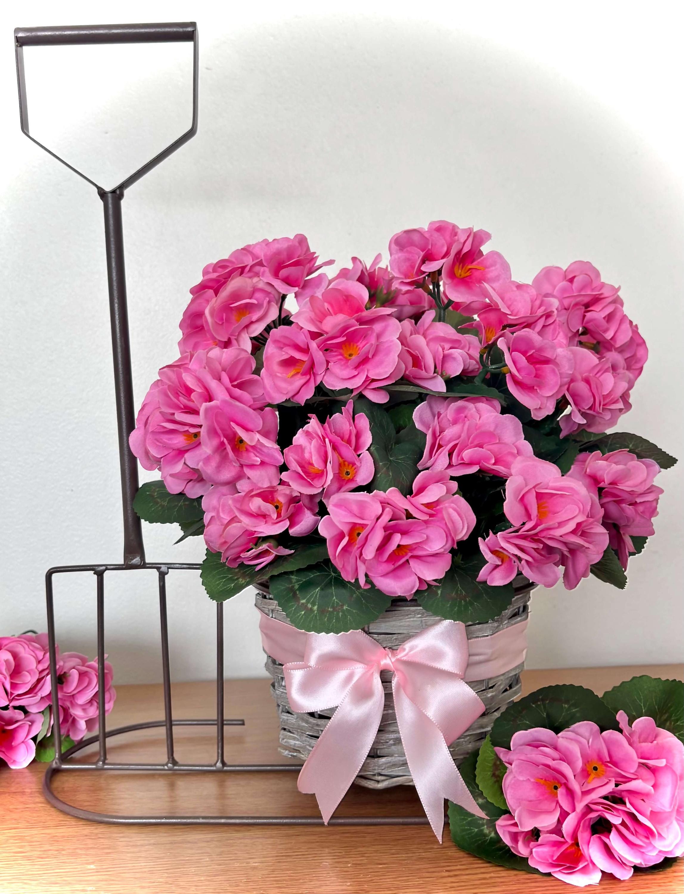 Artificial Pink Geranium Arrangement - Garden Fork Basket Planter With Faux Flowers