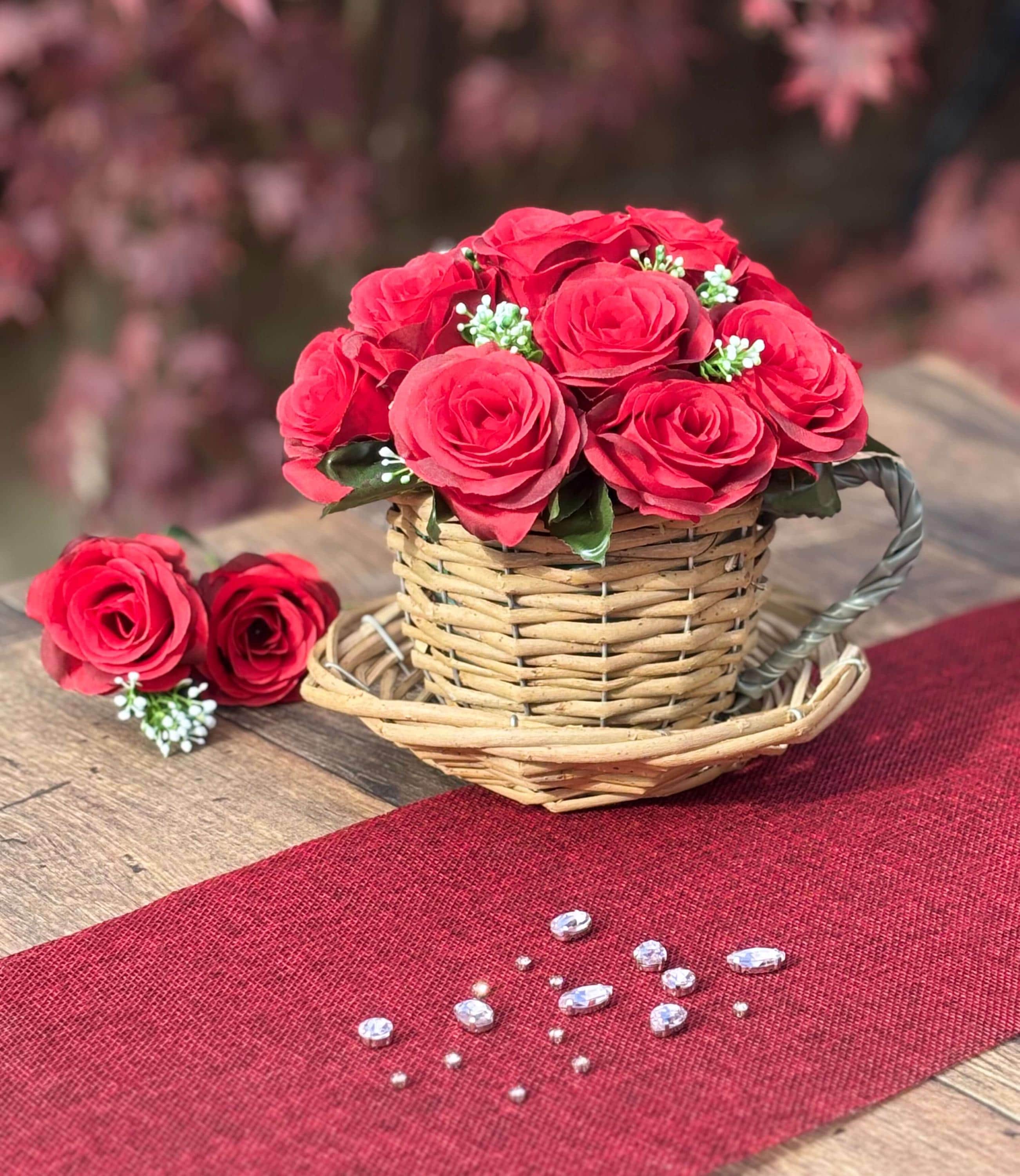 The Teacup - Sweetheart | Artificial Red Rose Flower Arrangement in Wicker Teacup