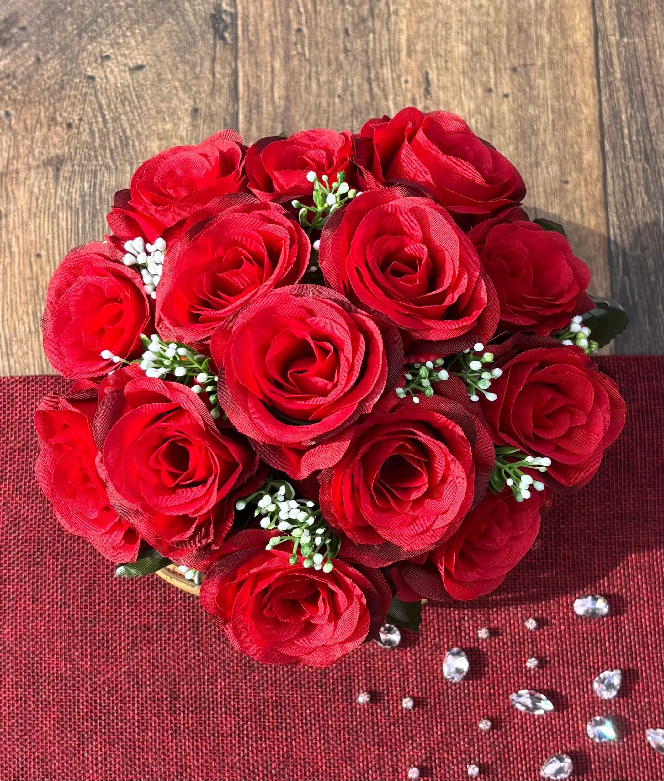 The Teacup - Sweetheart | Artificial Red Rose Flower Arrangement in Wicker Teacup