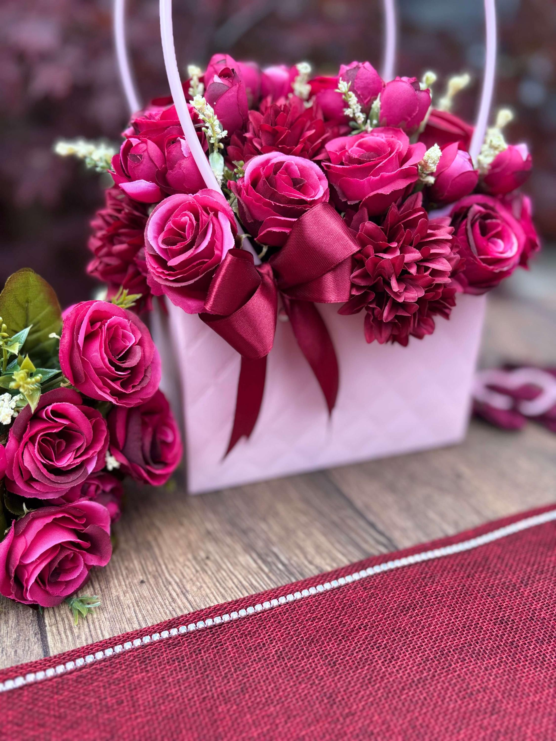 The Bloom Bag - Roseberry Pink  | Burgundy Pink Artificial Flower Arrangement in Decorative Pink Handbag