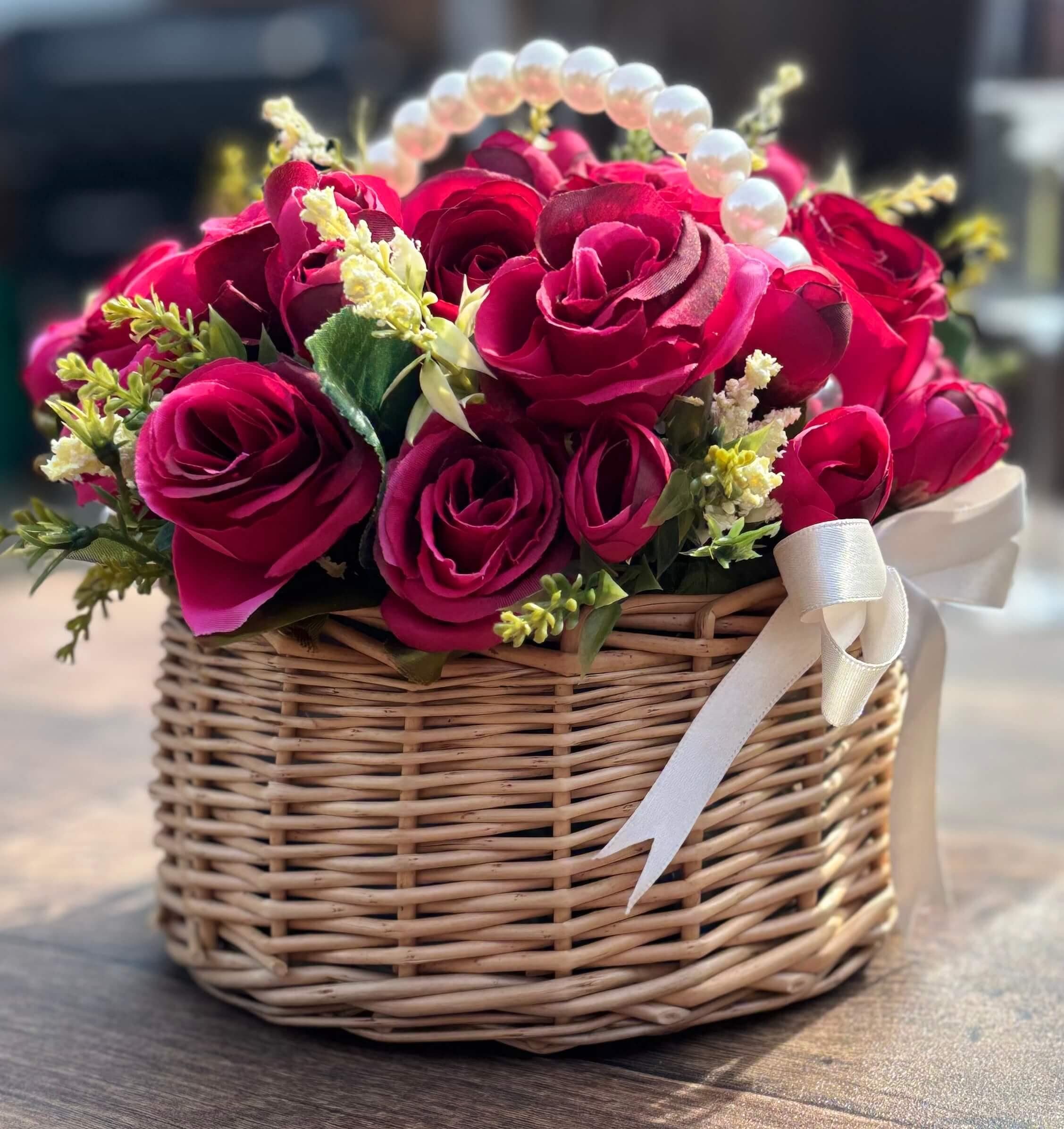 The Bloom Bag Deluxe - Roseberry Pink | Cerise Pink Artificial Flower Arrangement in Wicker Handbag With Pearl Handle