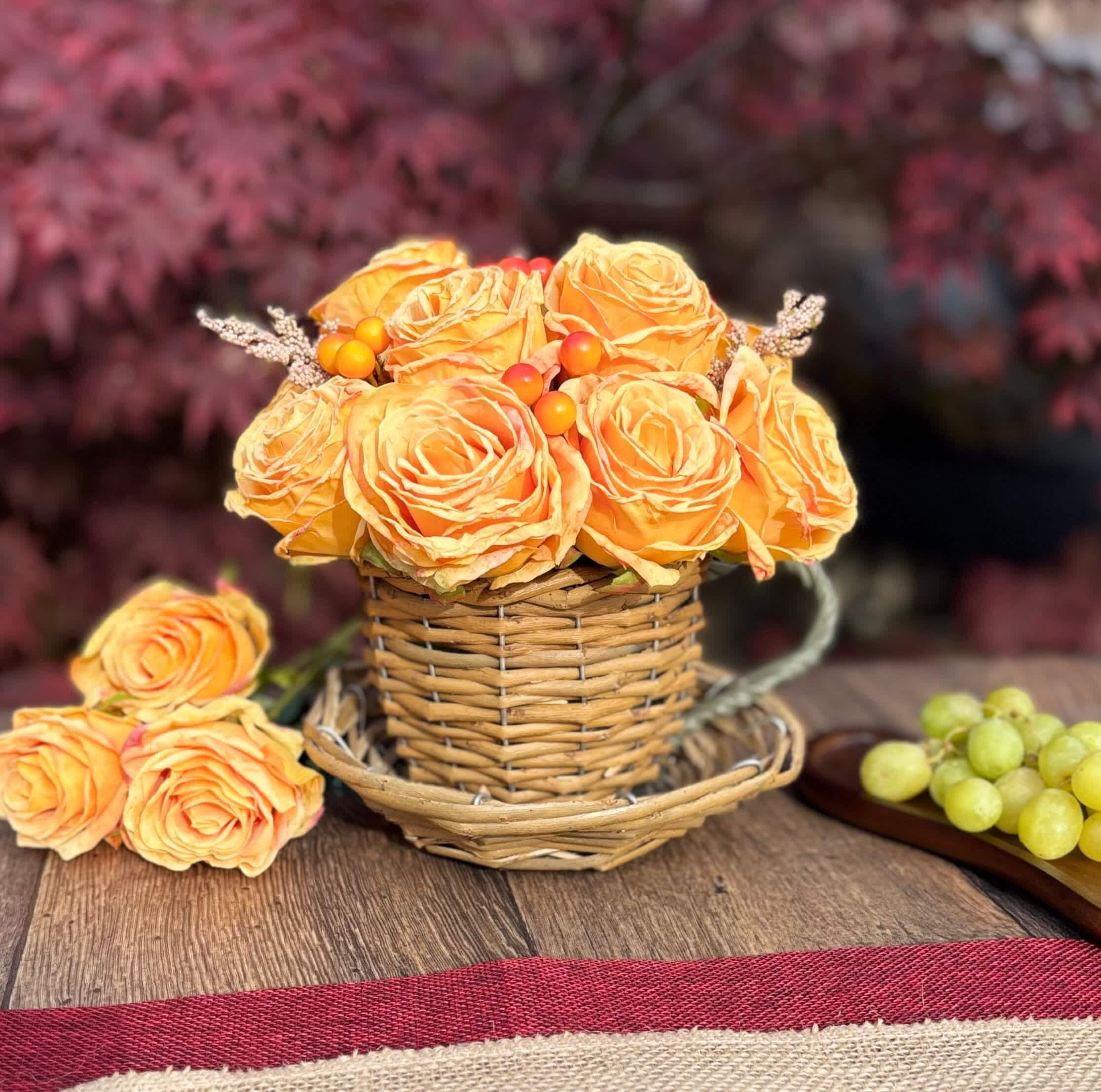 The Teacup - Autumn Rose - Artificial Flower Arrangement in Wicker Teacup – Yellow & Orange Roses with Berries