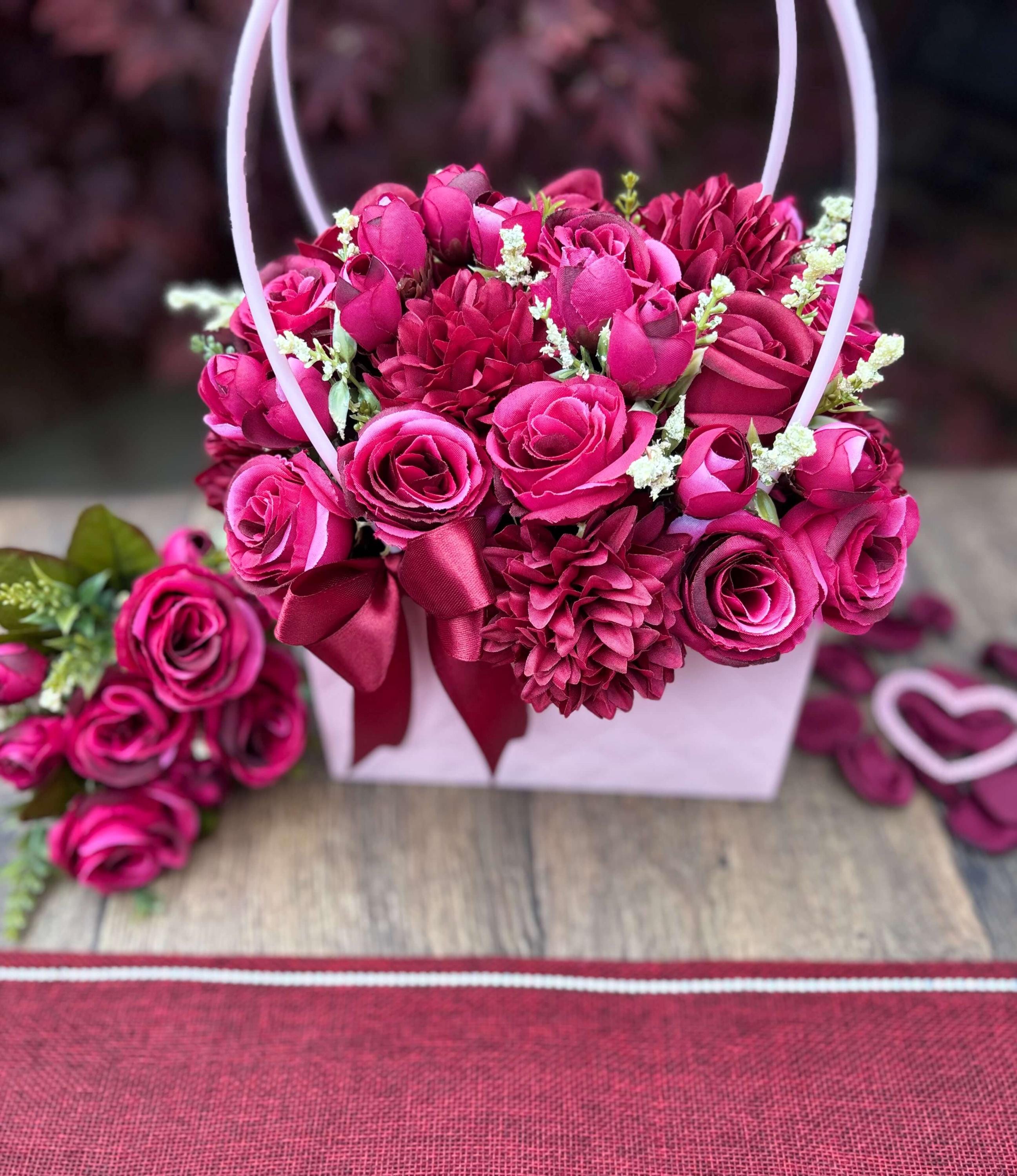 The Bloom Bag - Roseberry Pink  | Burgundy Pink Artificial Flower Arrangement in Decorative Pink Handbag