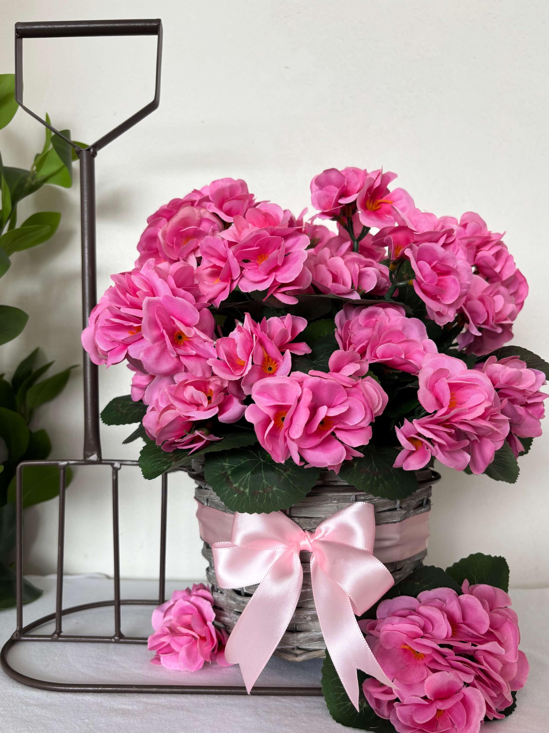 Artificial Pink Geranium Arrangement - Garden Fork Basket Planter With Faux Flowers