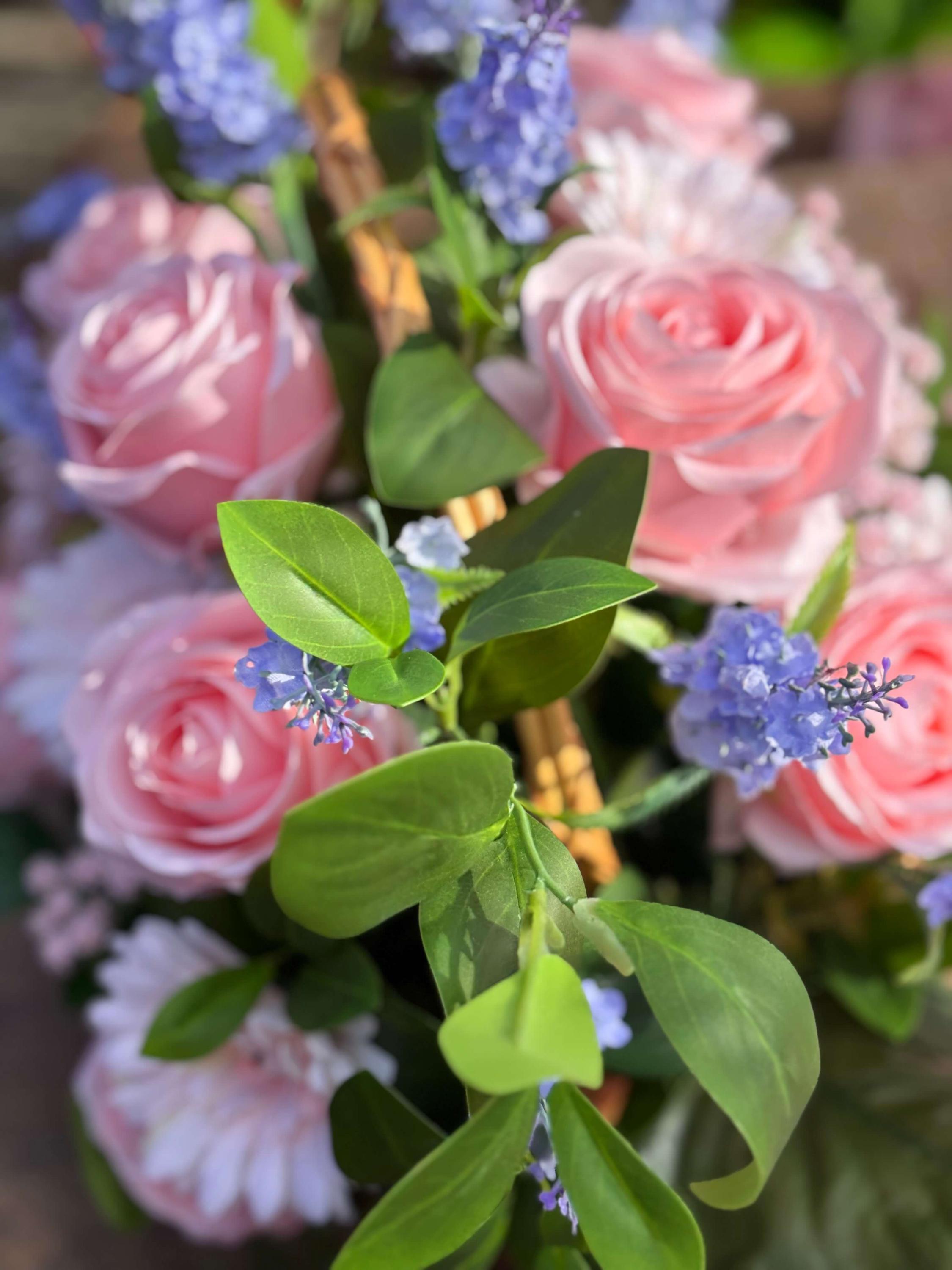 The Bloom Basket - Graceful Garden | Pink & Blue Artificial Flower Arrangement in Wicker Basket