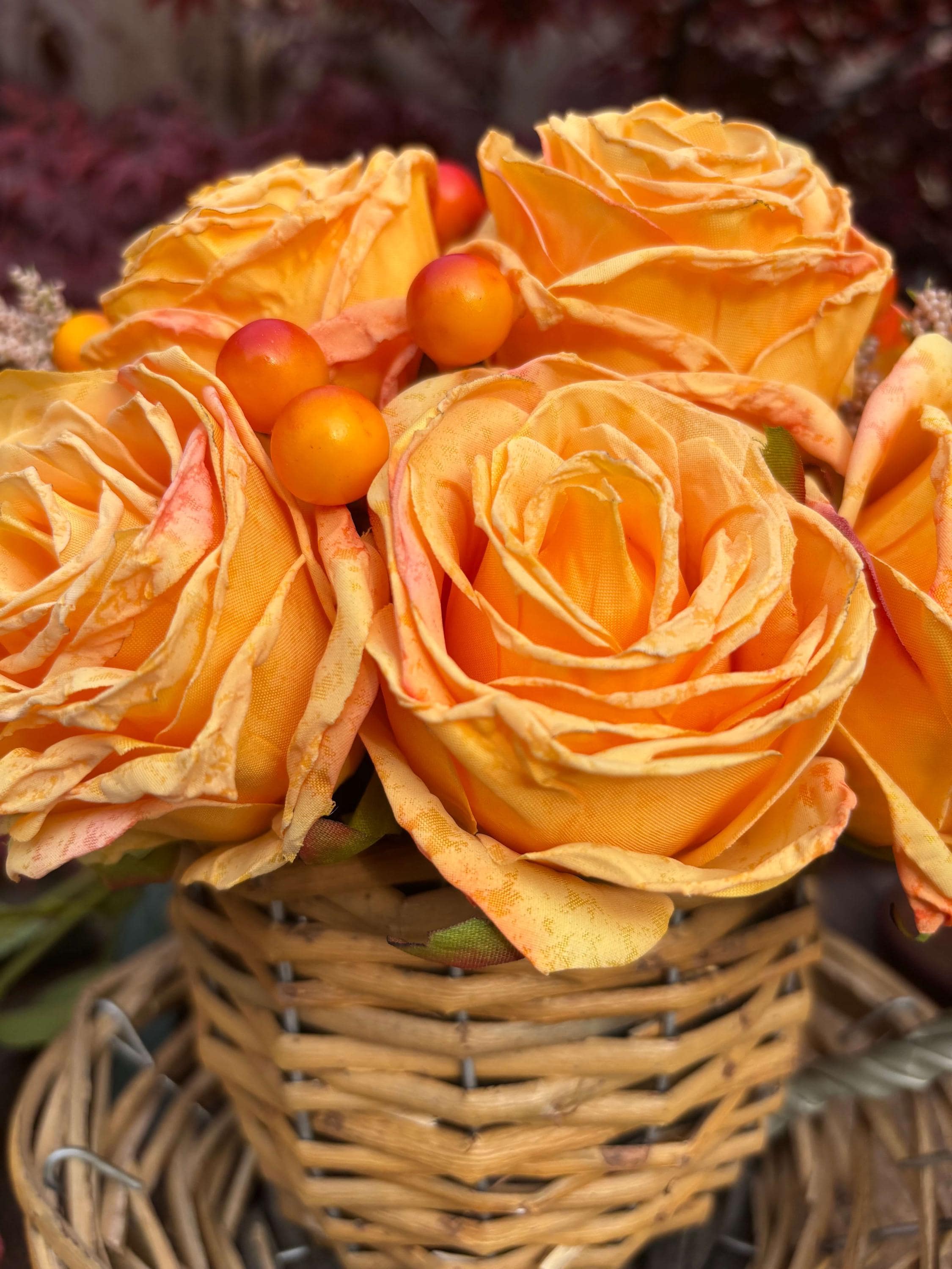 The Teacup - Autumn Rose - Artificial Flower Arrangement in Wicker Teacup – Yellow & Orange Roses with Berries