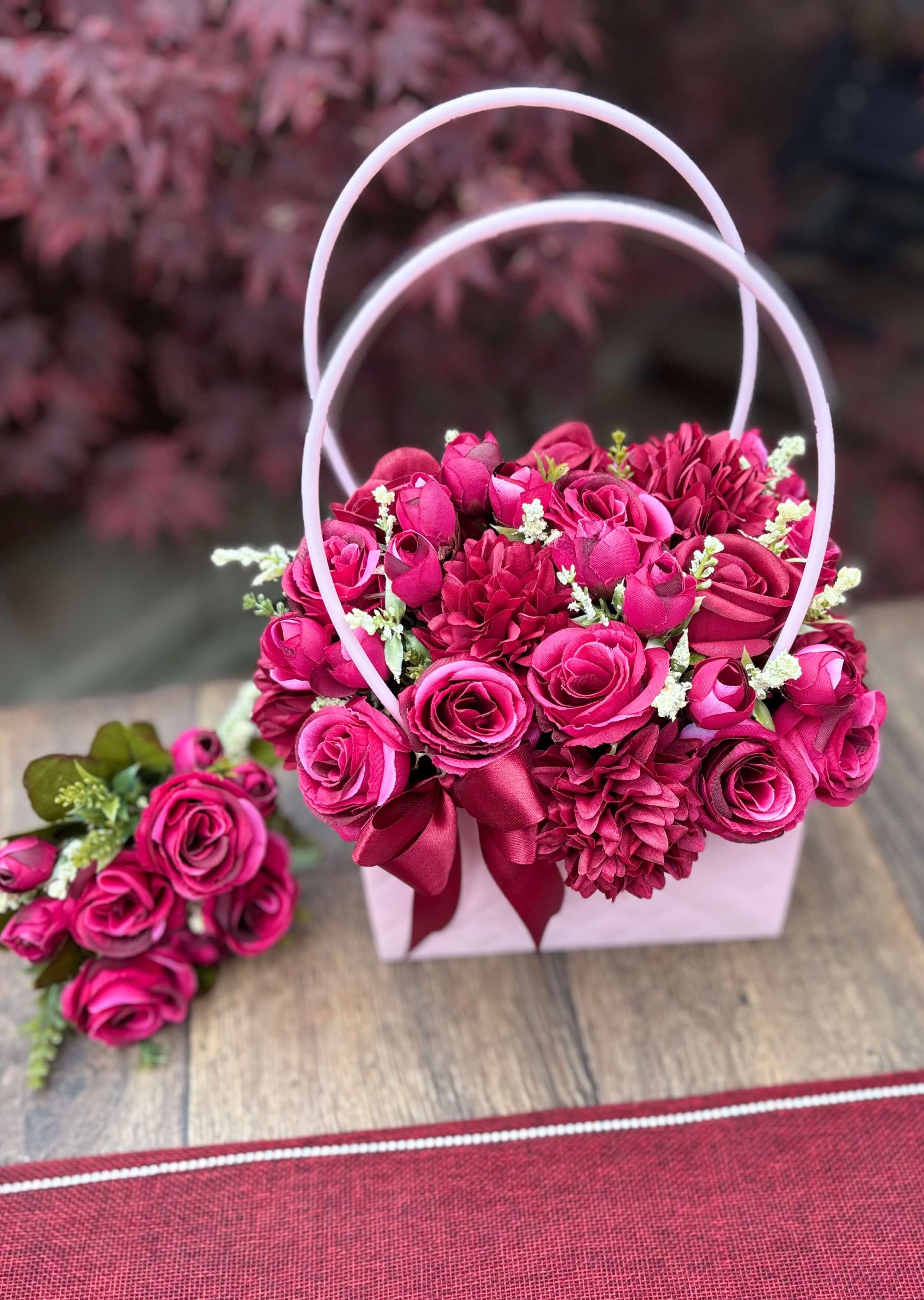 The Bloom Bag - Roseberry Pink  | Burgundy Pink Artificial Flower Arrangement in Decorative Pink Handbag