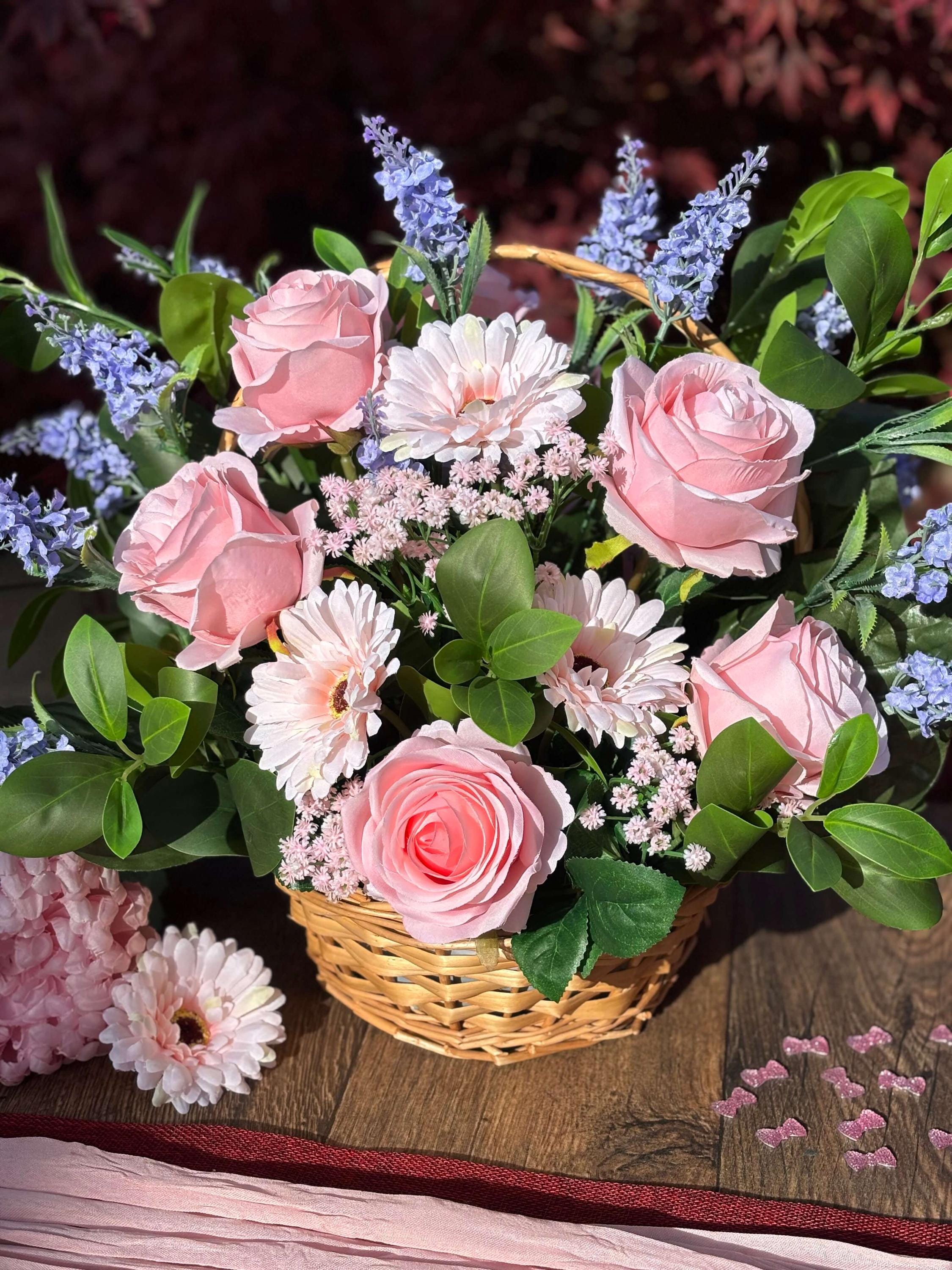 The Bloom Basket - Graceful Garden | Pink & Blue Artificial Flower Arrangement in Wicker Basket