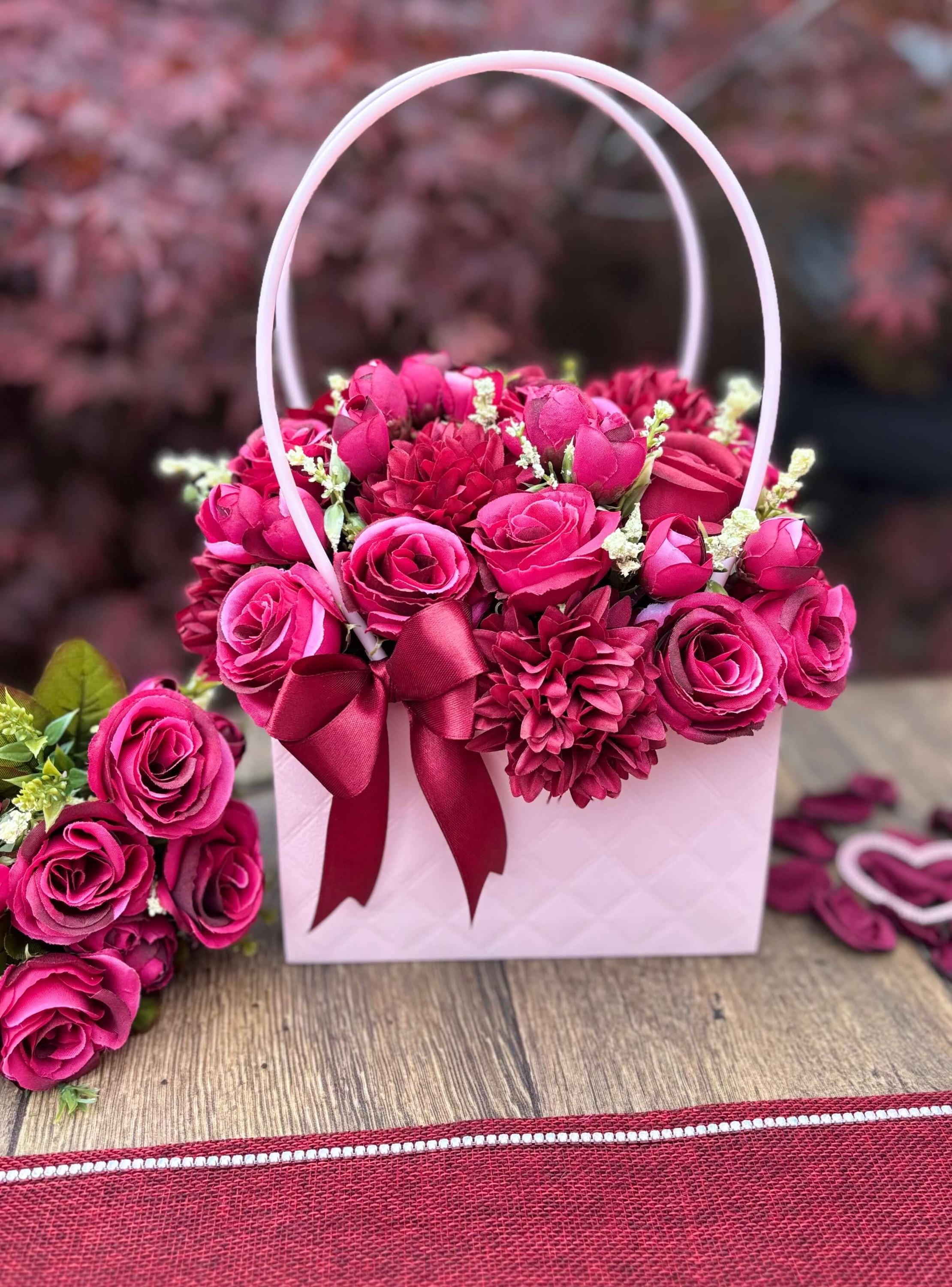 The Bloom Bag - Roseberry Pink  | Burgundy Pink Artificial Flower Arrangement in Decorative Pink Handbag