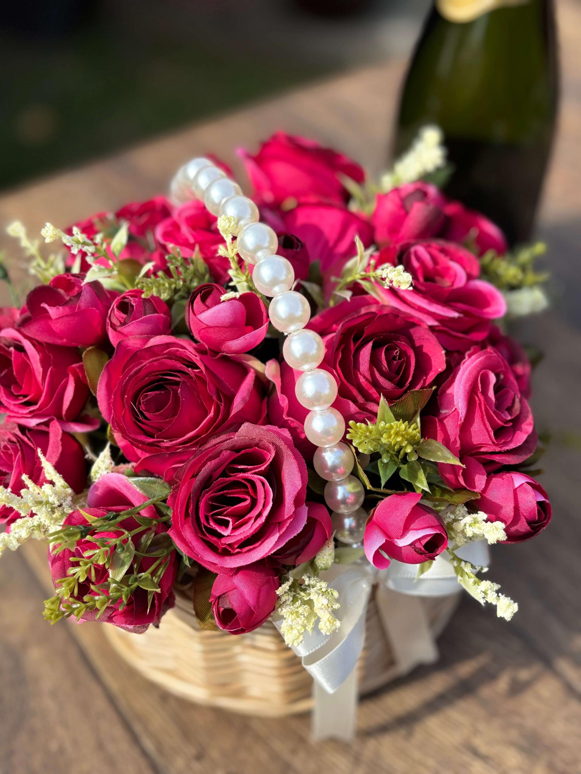 The Bloom Bag Deluxe - Roseberry Pink | Cerise Pink Artificial Flower Arrangement in Wicker Handbag With Pearl Handle