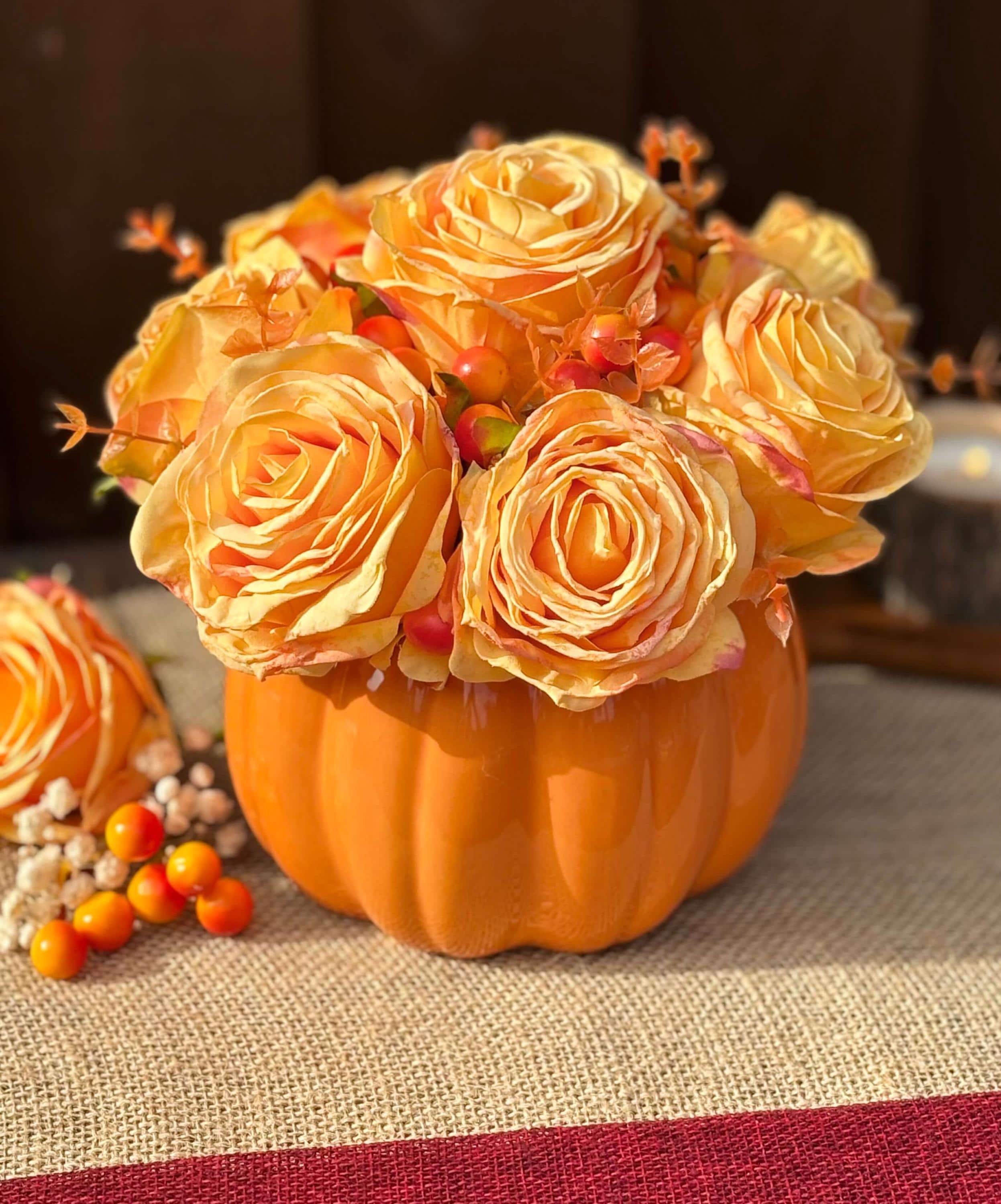 Autumn Artificial Flower Arrangement in Orange Ceramic Pumpkin Pot