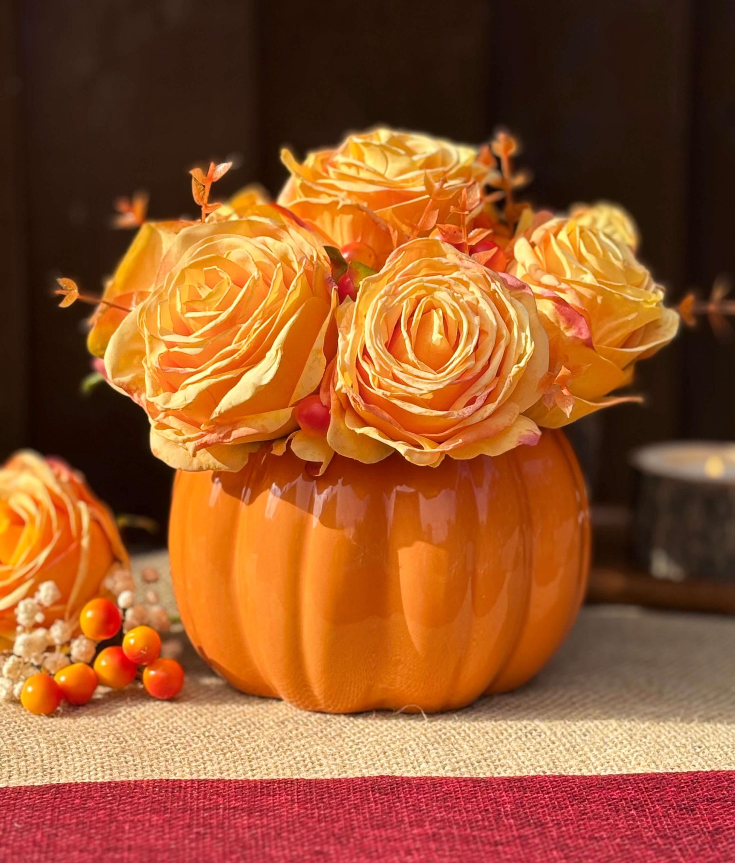 Autumn Artificial Flower Arrangement in Orange Ceramic Pumpkin Pot