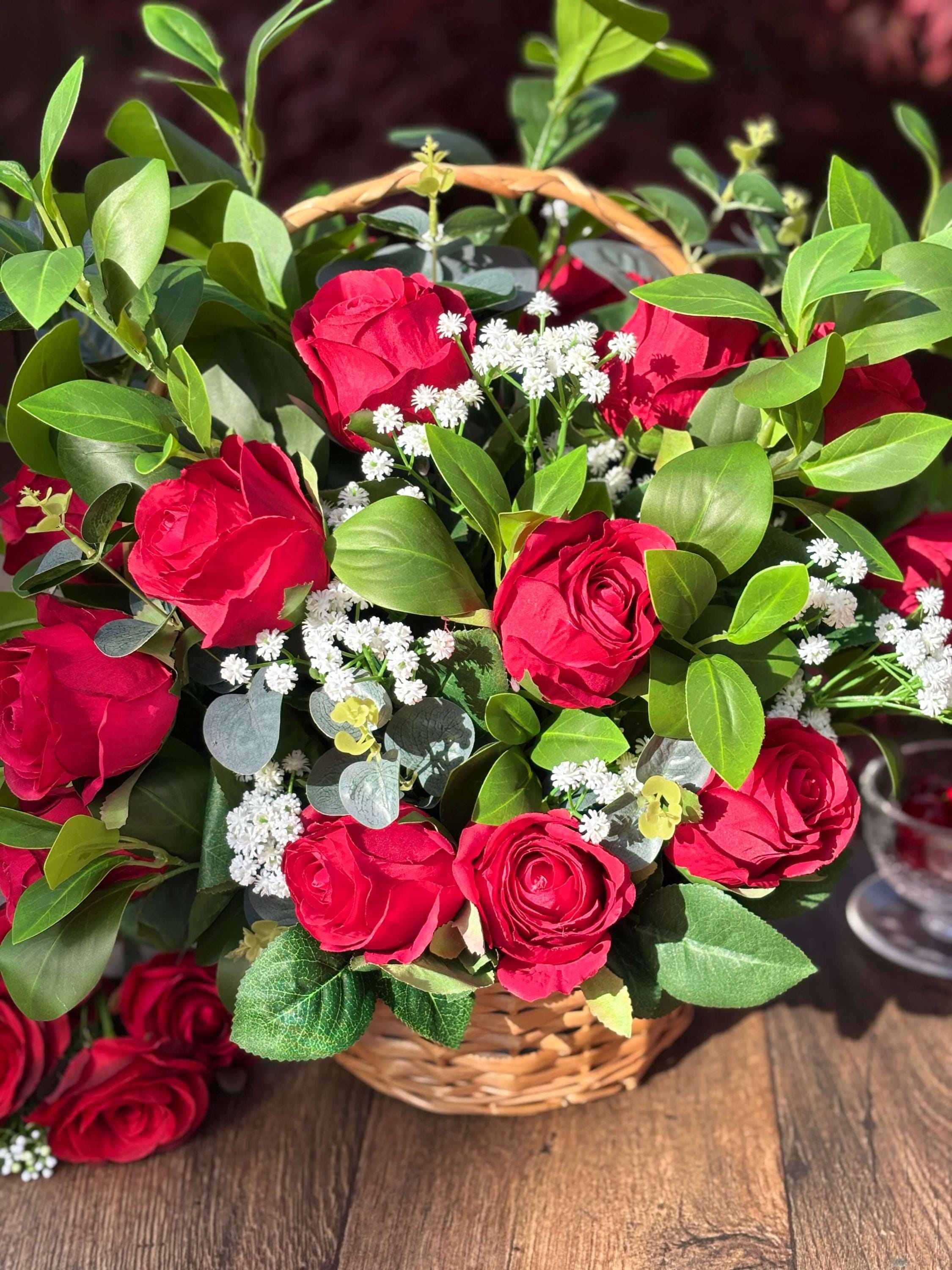 The Bloom Basket - Rose Garden | Red Rose Artificial Flower Arrangement in Wicker Basket