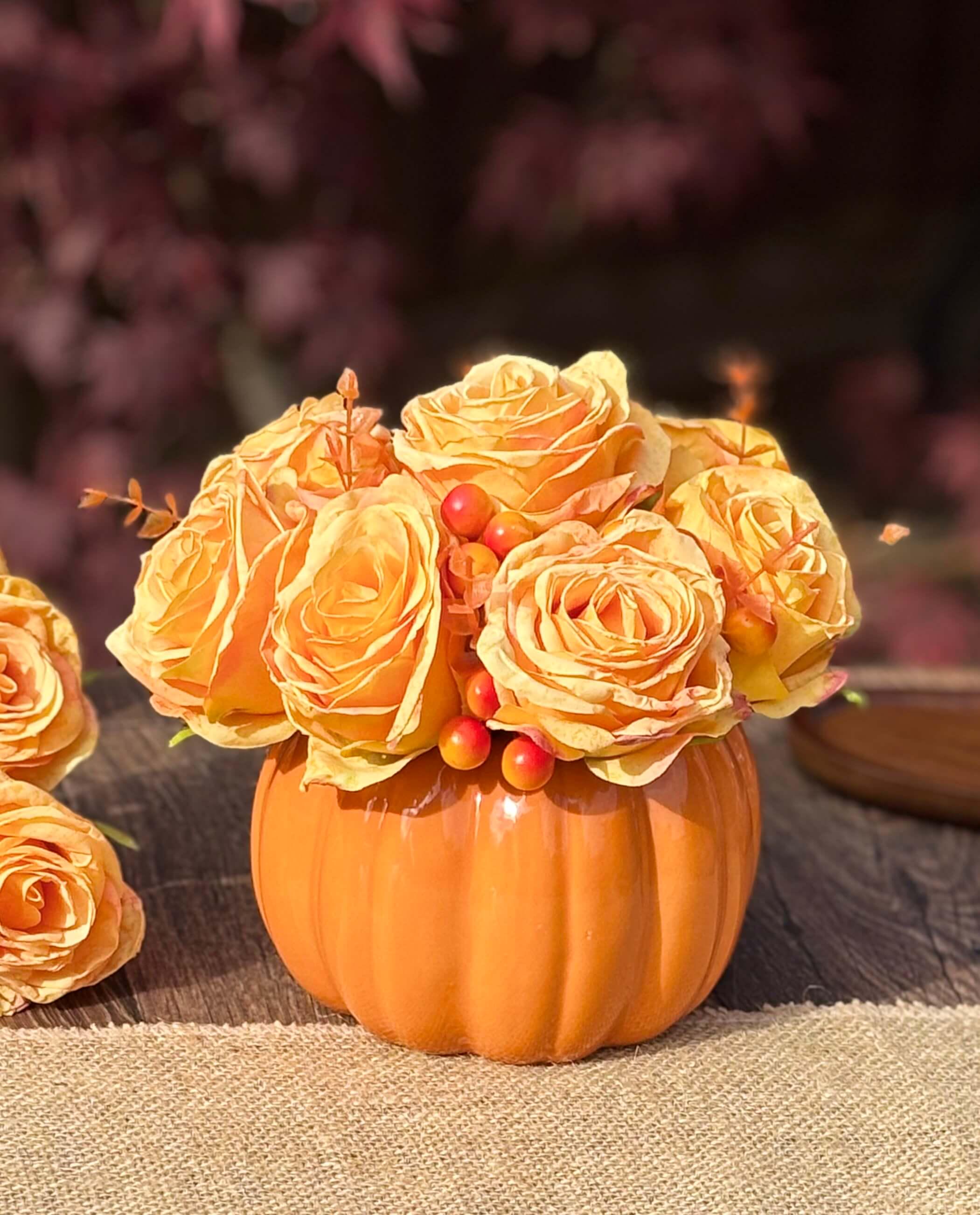 Autumn Artificial Flower Arrangement in Orange Ceramic Pumpkin Pot
