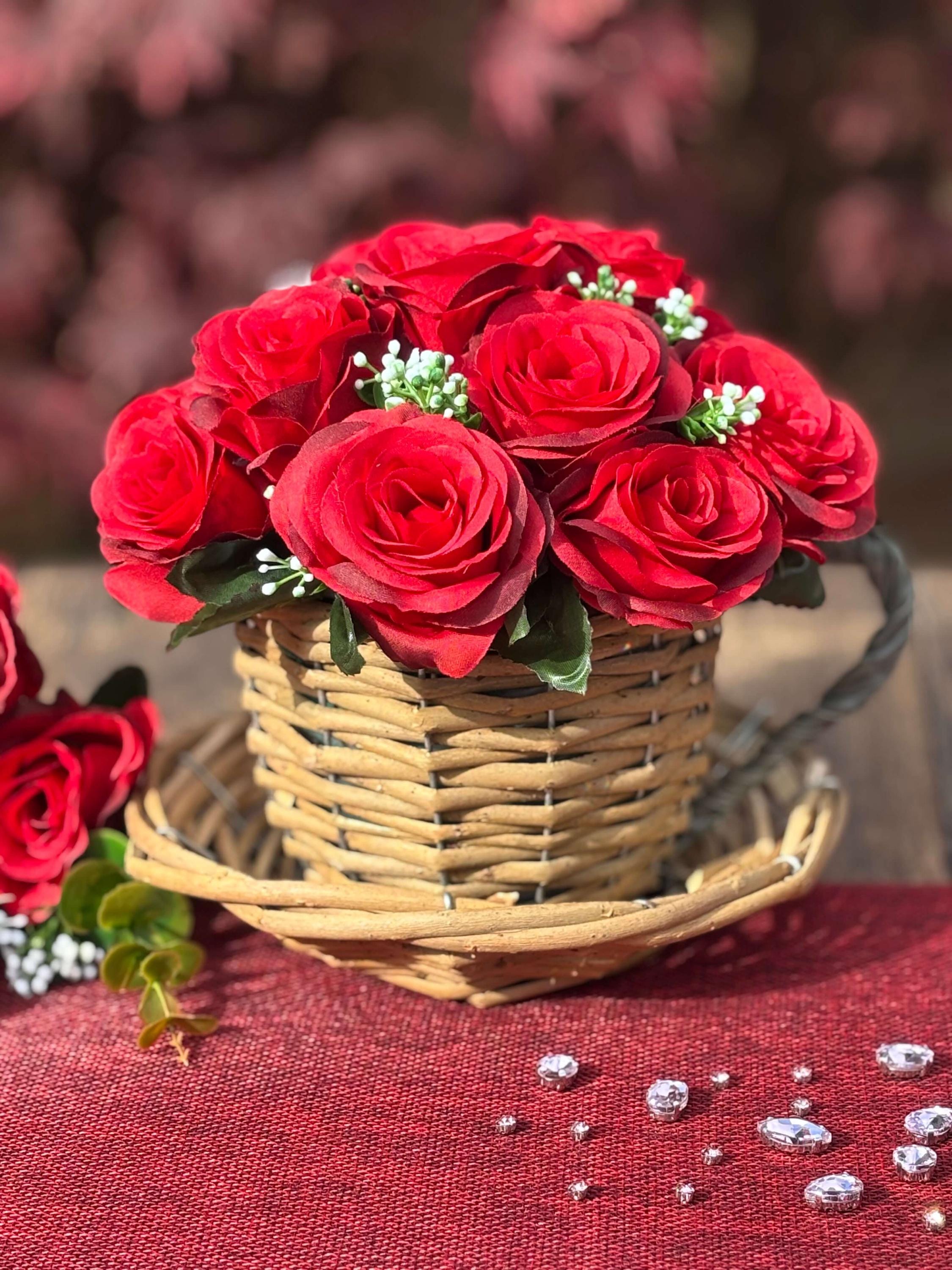 The Teacup - Sweetheart | Artificial Red Rose Flower Arrangement in Wicker Teacup
