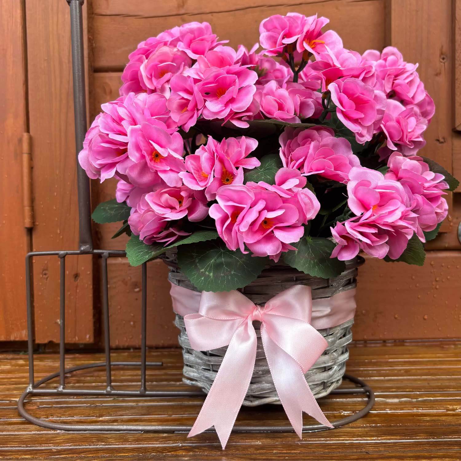 Artificial Pink Geranium Arrangement - Garden Fork Basket Planter With Faux Flowers