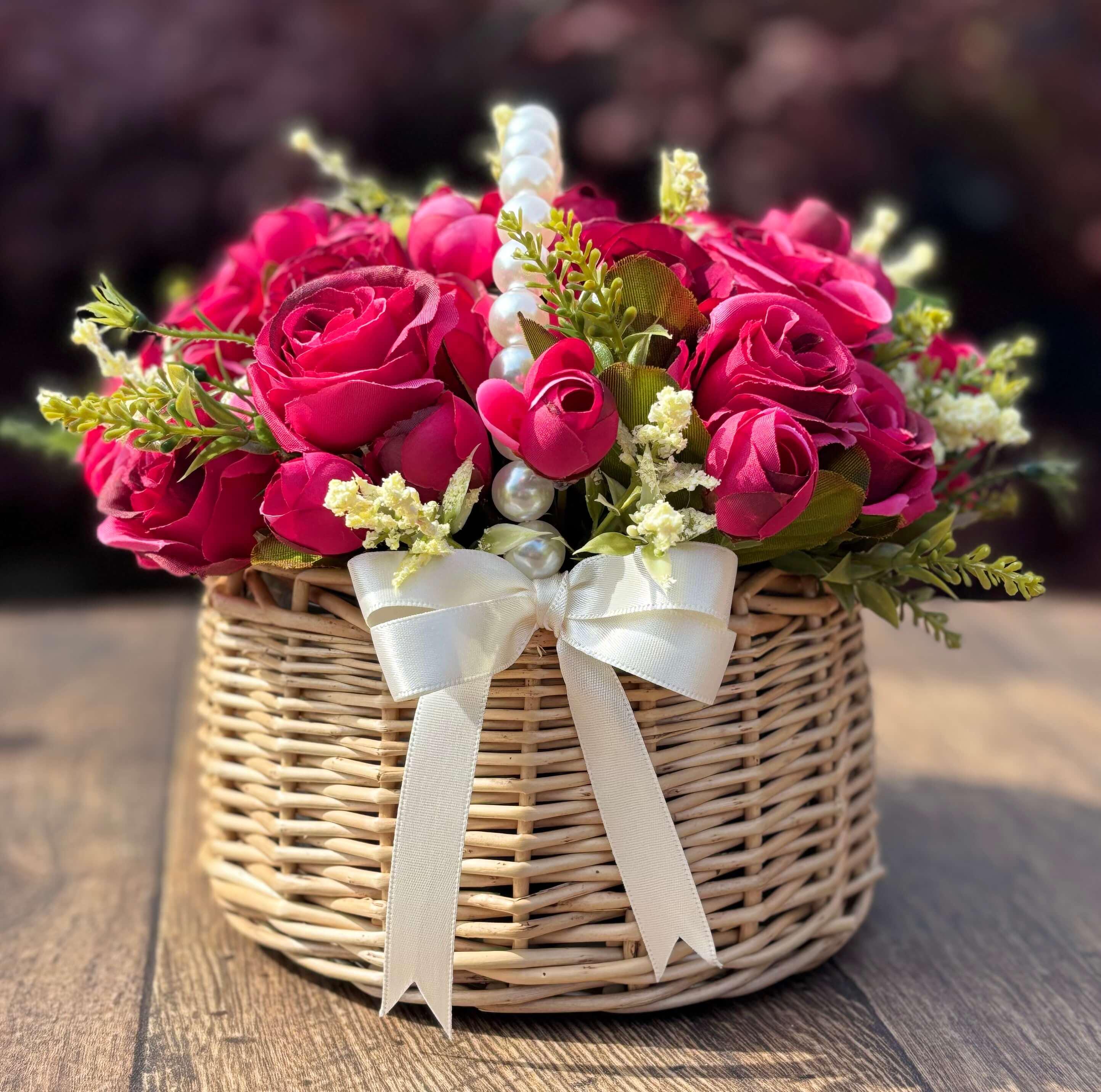 The Bloom Bag Deluxe - Roseberry Pink | Cerise Pink Artificial Flower Arrangement in Wicker Handbag With Pearl Handle