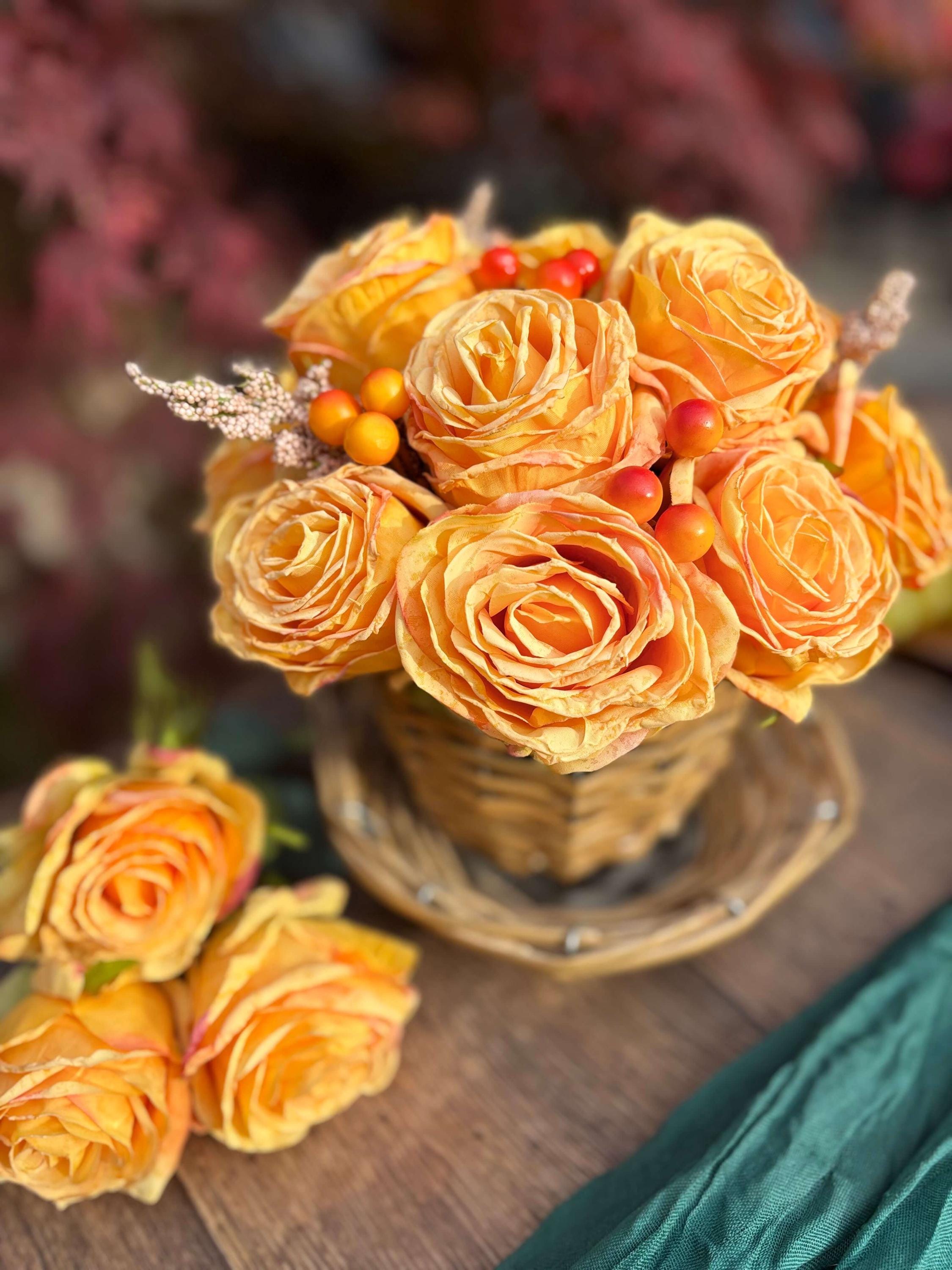 The Teacup - Autumn Rose - Artificial Flower Arrangement in Wicker Teacup – Yellow & Orange Roses with Berries