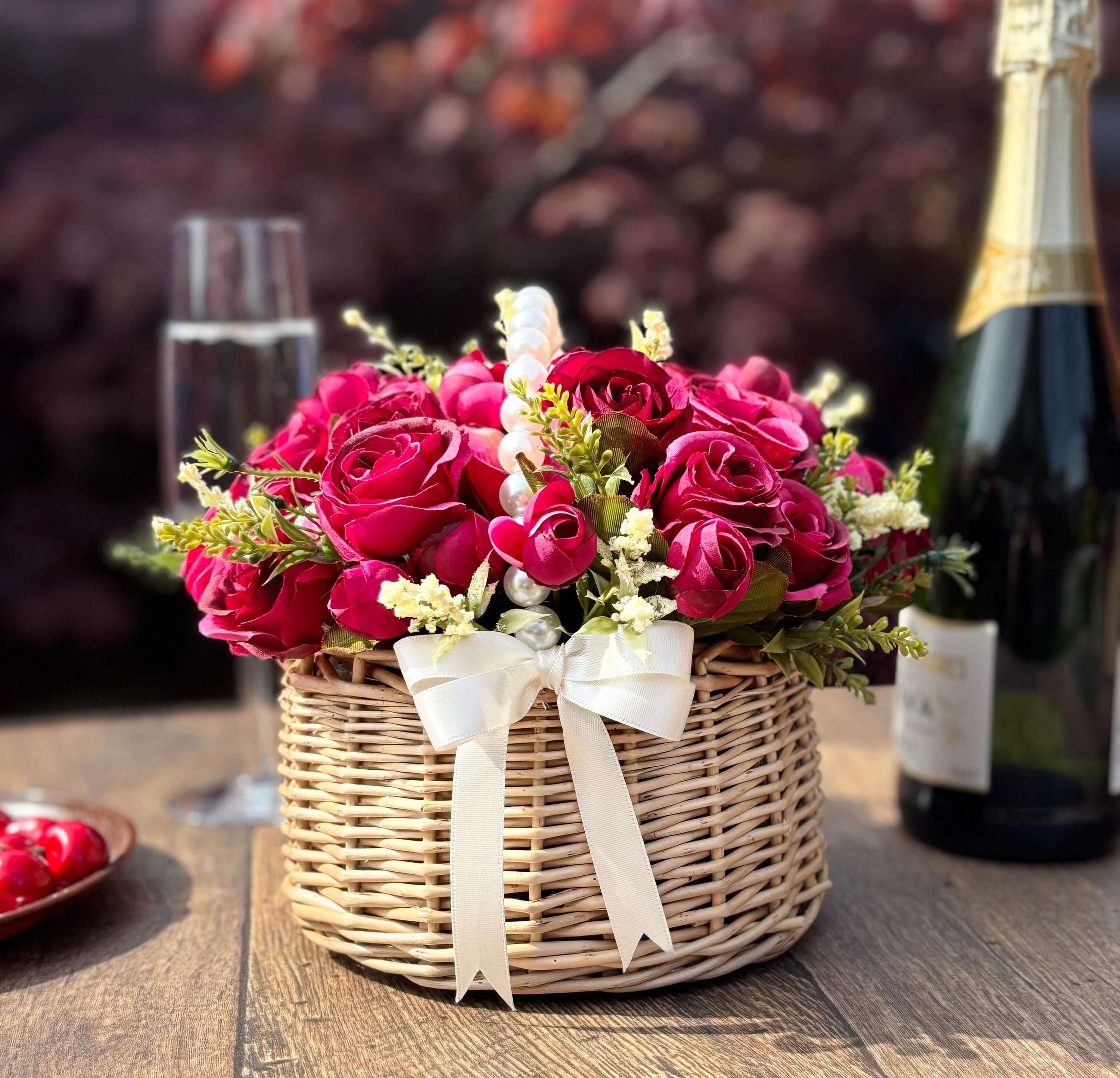 The Bloom Bag Deluxe - Roseberry Pink | Cerise Pink Artificial Flower Arrangement in Wicker Handbag With Pearl Handle