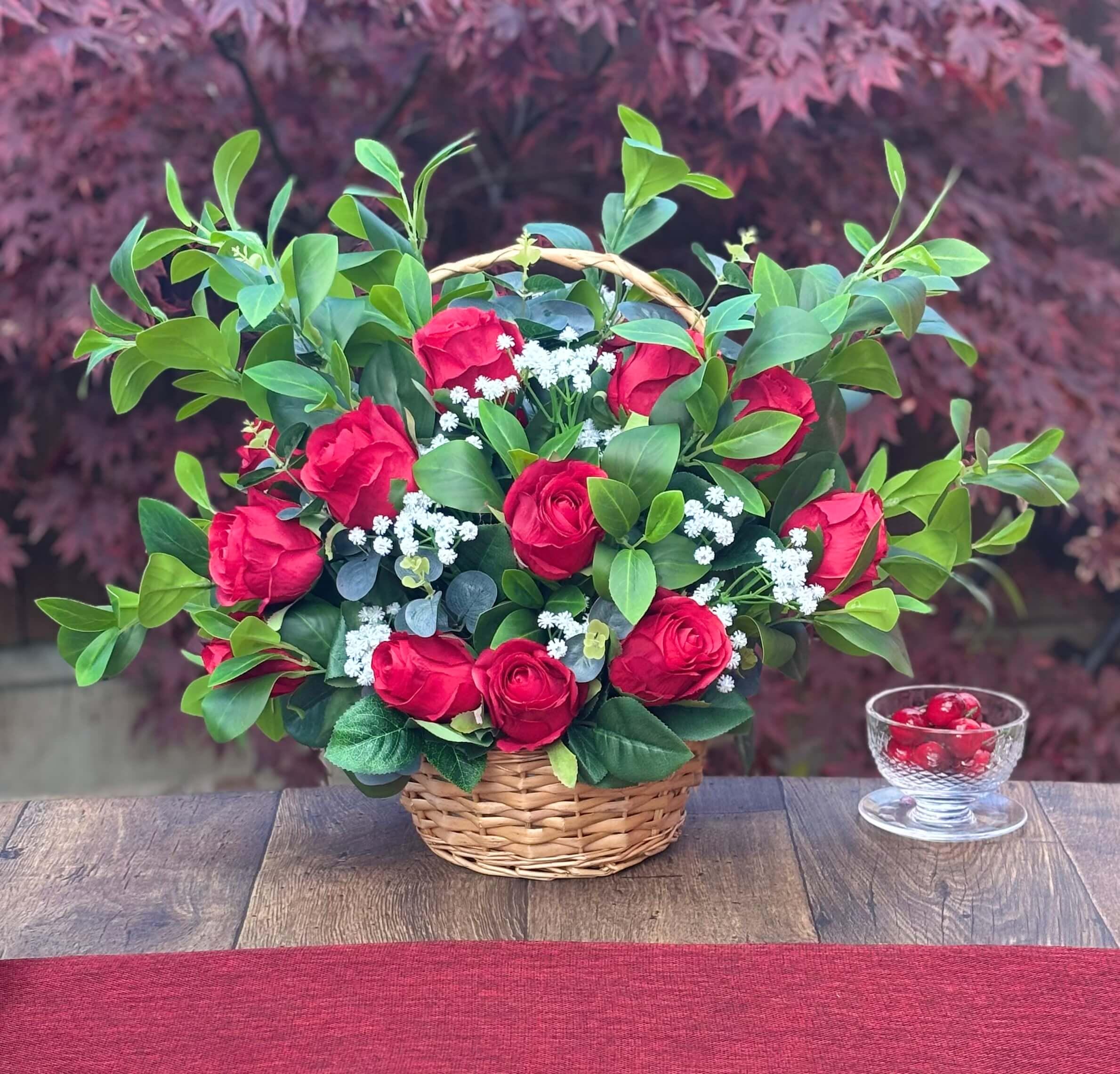 The Bloom Basket - Rose Garden | Red Rose Artificial Flower Arrangement in Wicker Basket