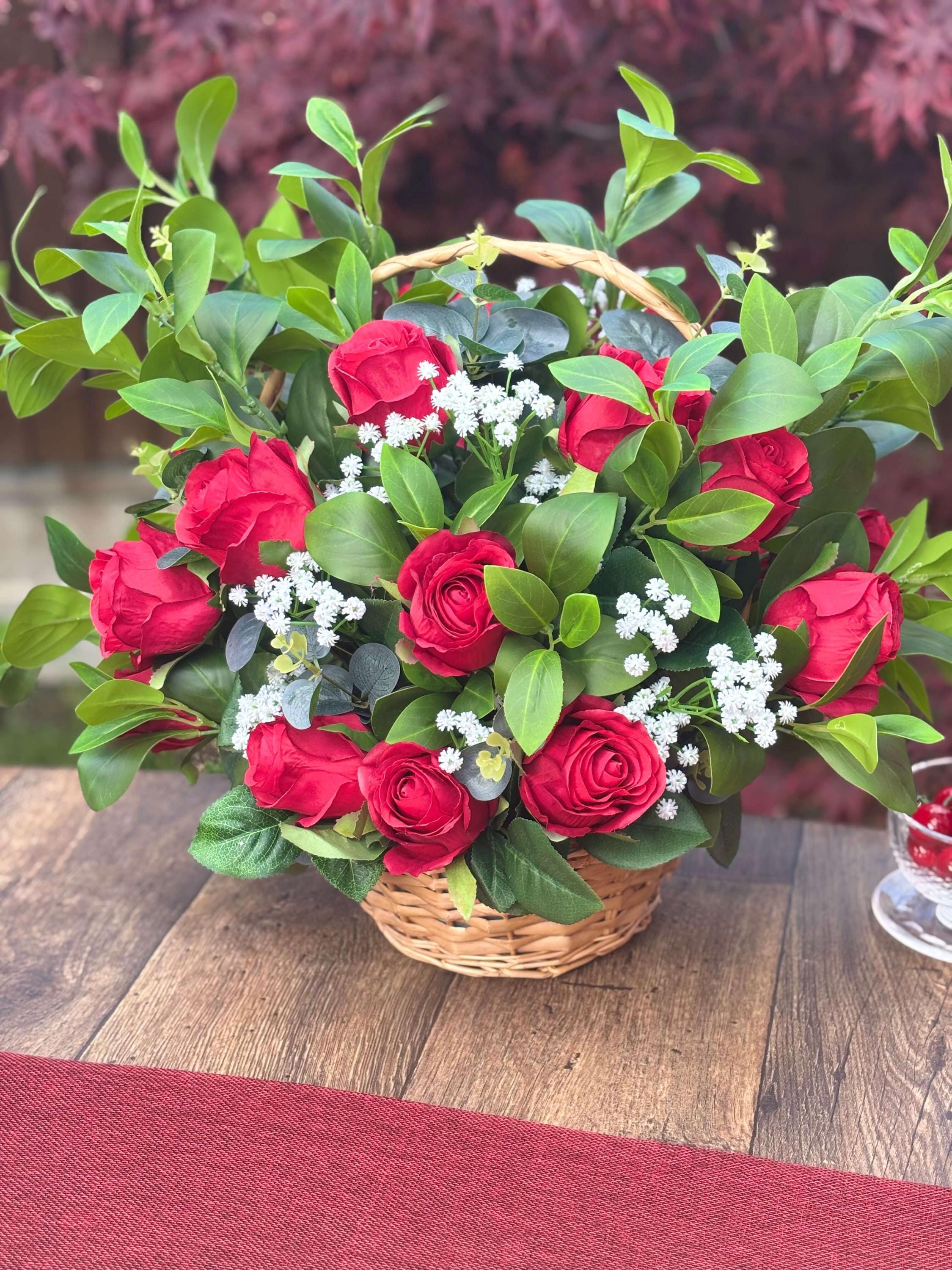 The Bloom Basket - Rose Garden | Red Rose Artificial Flower Arrangement in Wicker Basket