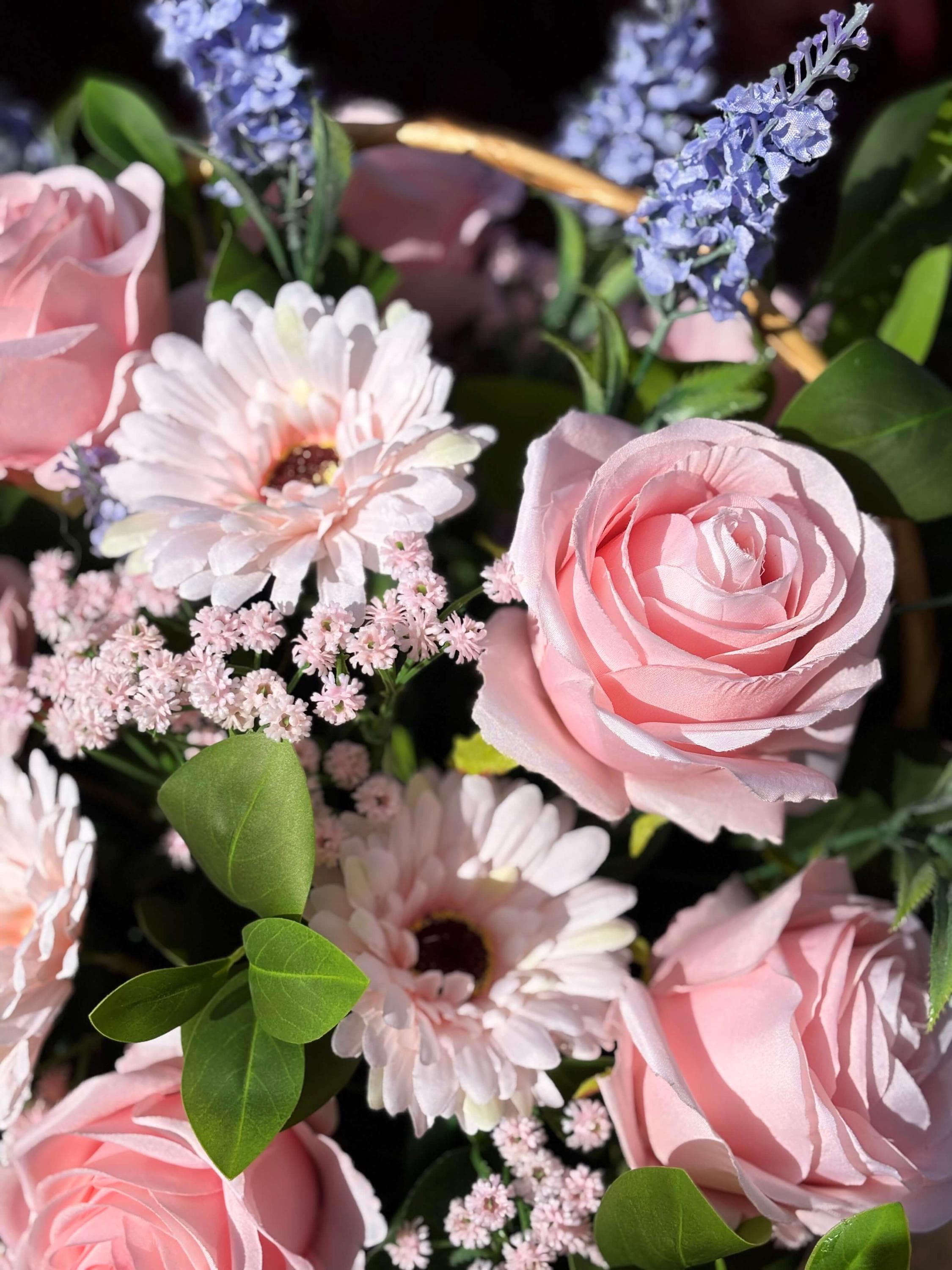 The Bloom Basket - Graceful Garden | Pink & Blue Artificial Flower Arrangement in Wicker Basket