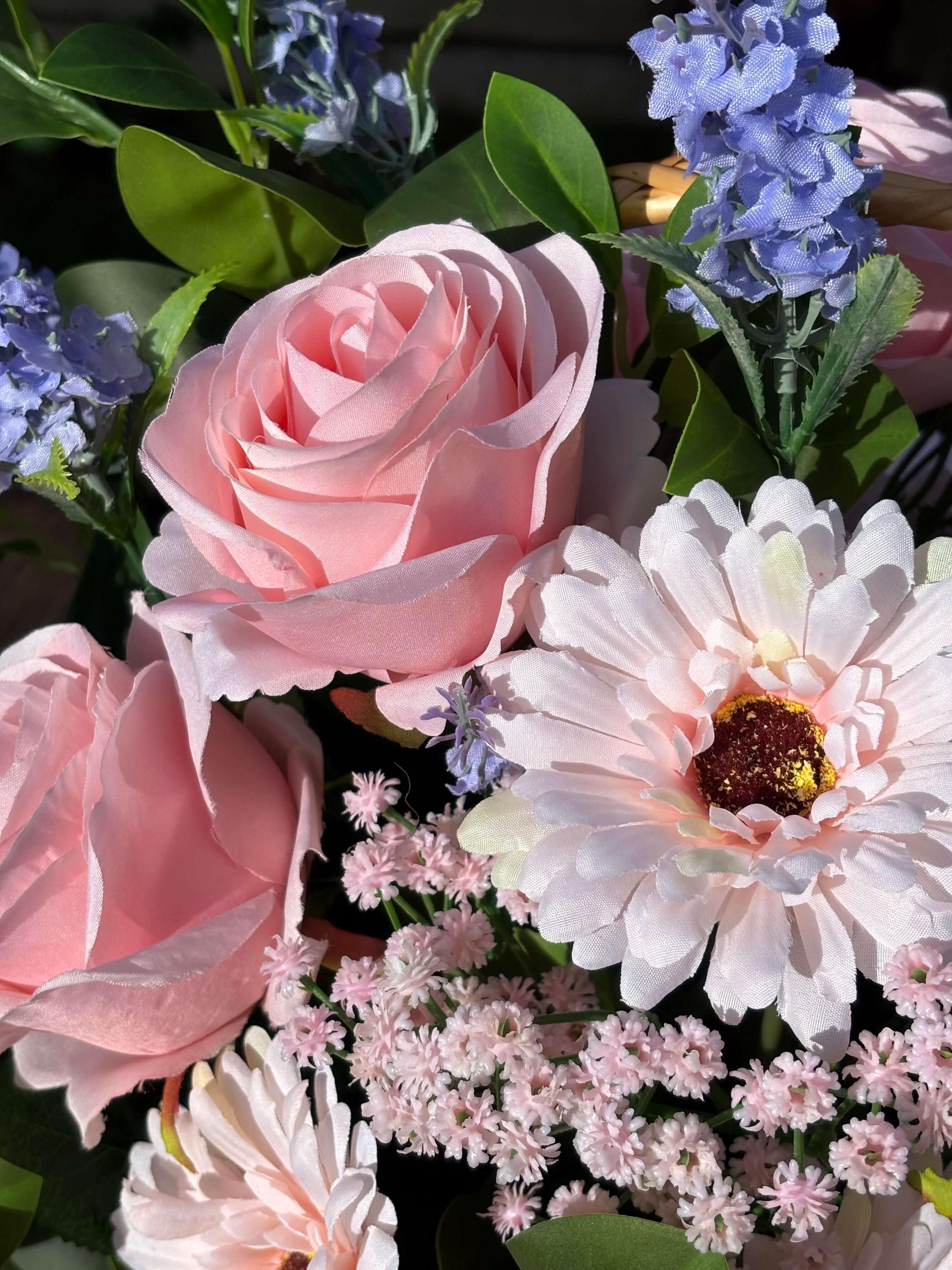 The Bloom Basket - Graceful Garden | Pink & Blue Artificial Flower Arrangement in Wicker Basket