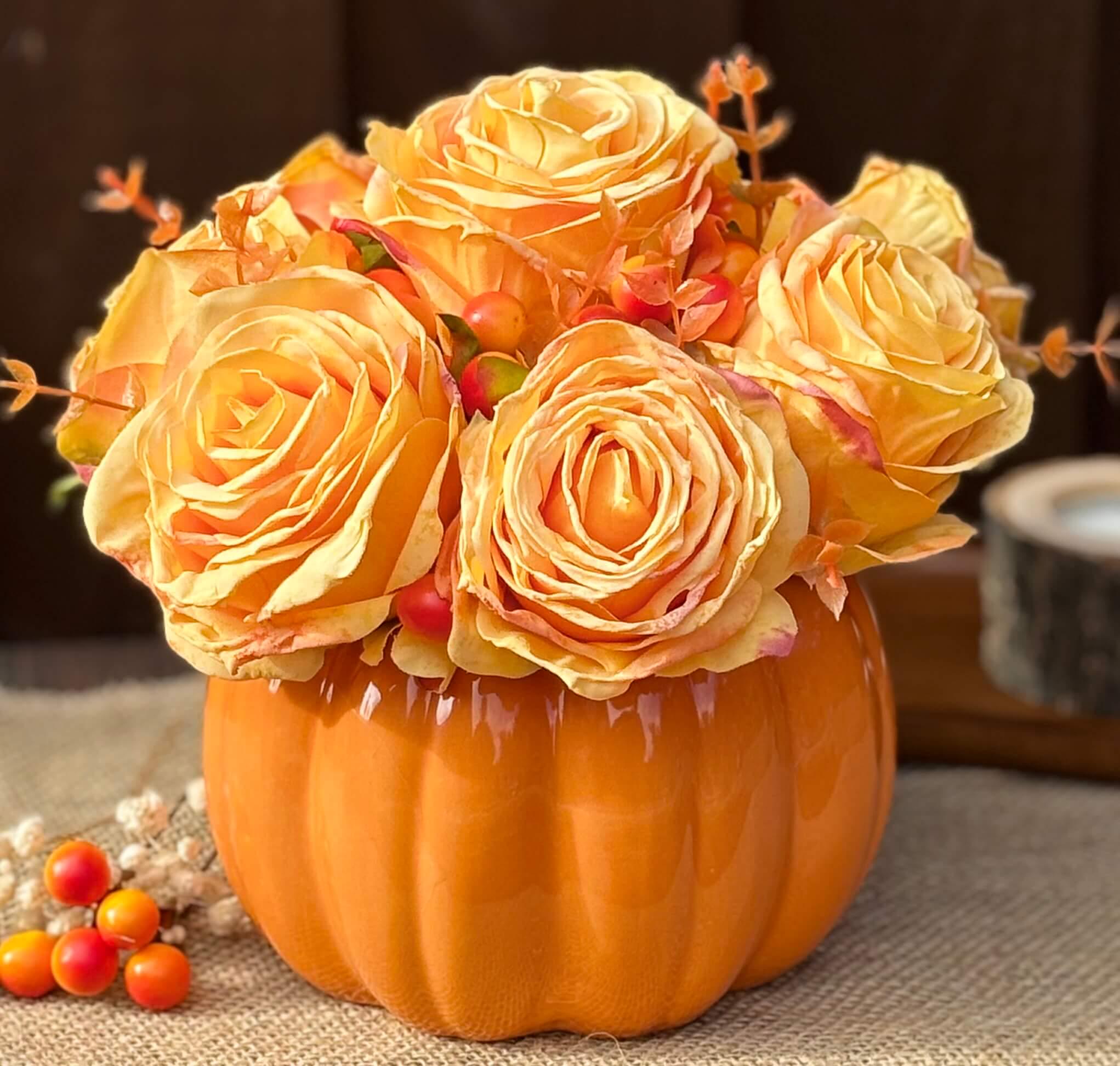 Autumn Artificial Flower Arrangement in Orange Ceramic Pumpkin Pot