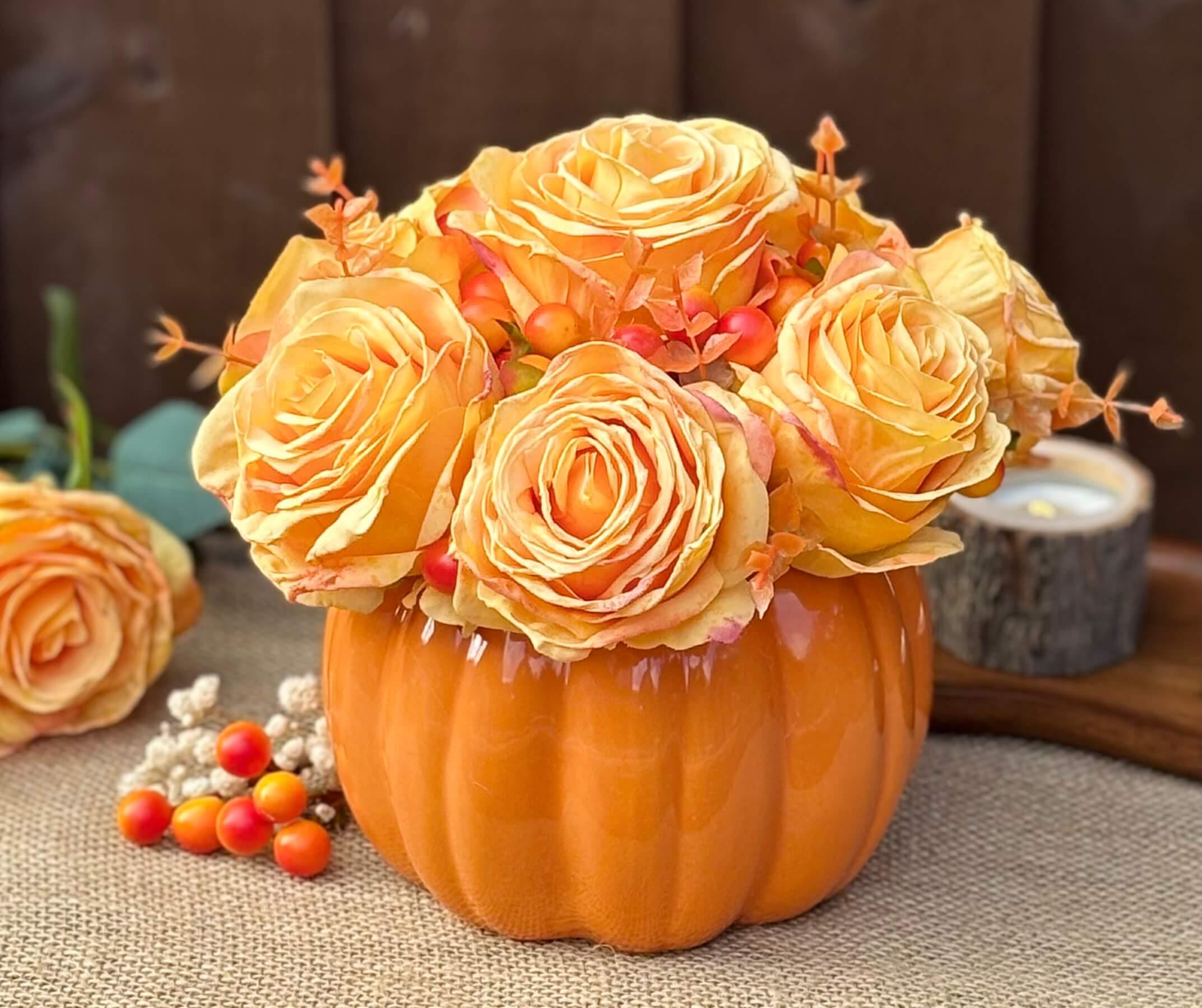 Autumn Artificial Flower Arrangement in Orange Ceramic Pumpkin Pot