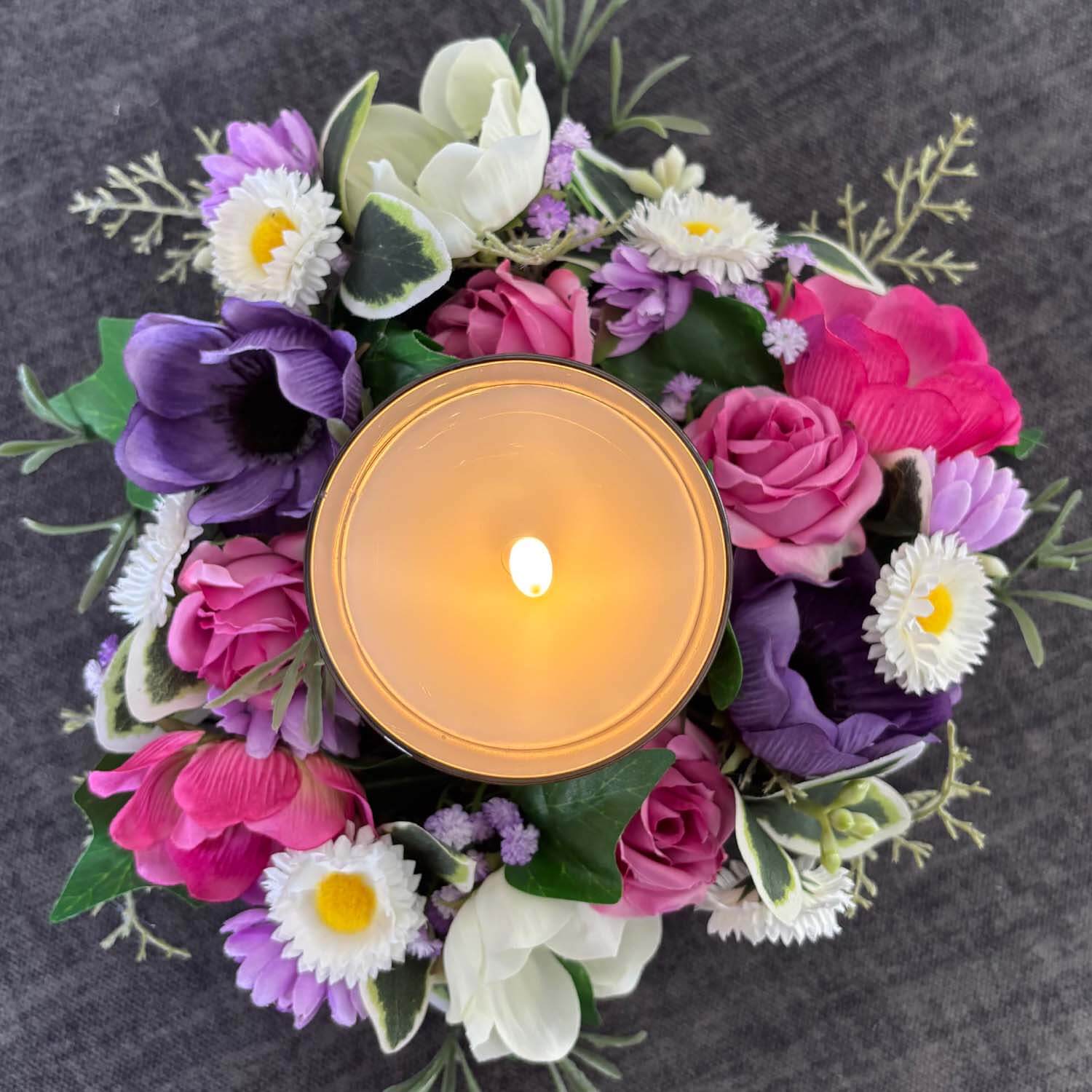 Artificial Anemone Wreath Centrepiece With Flameless Candle