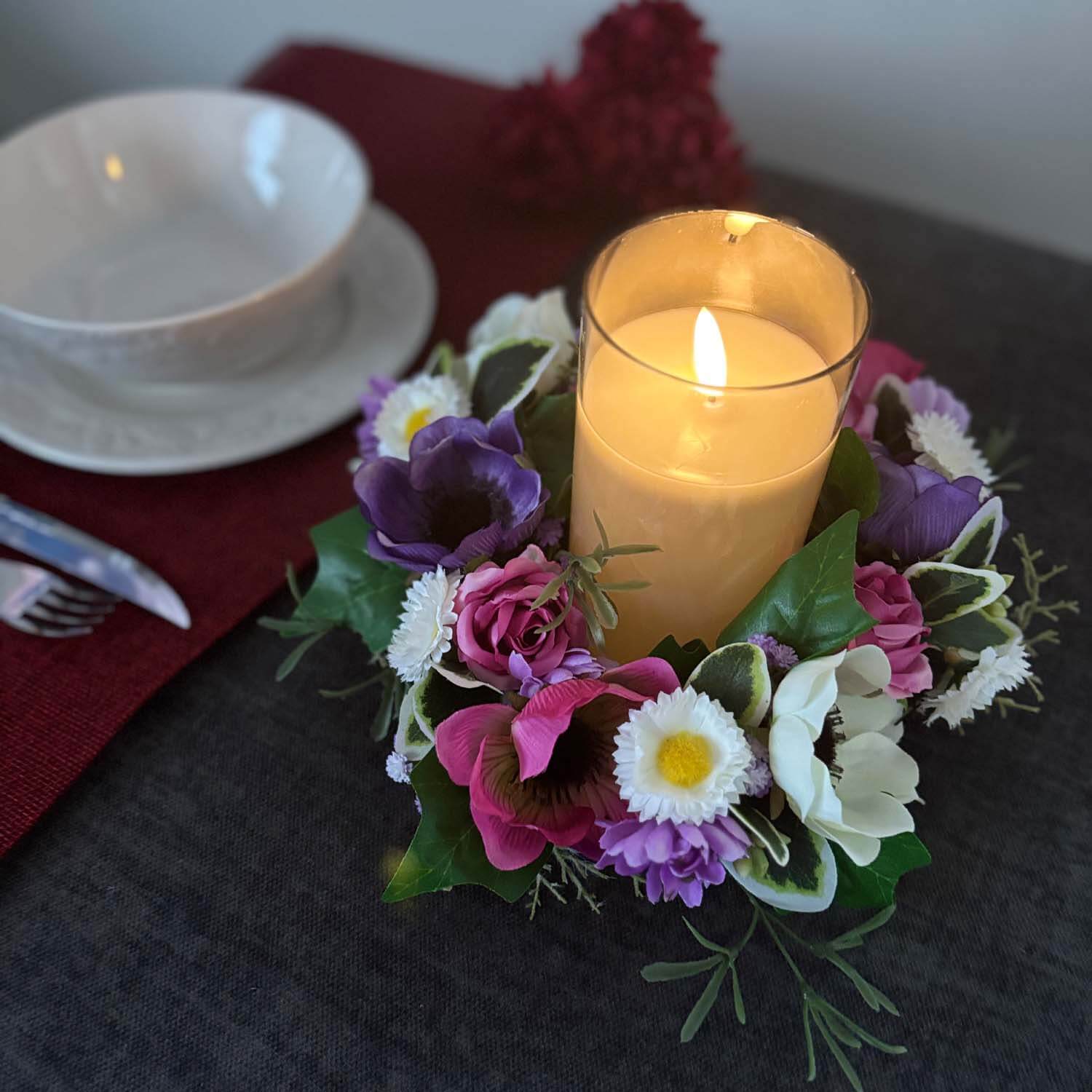 Artificial Anemone Wreath Centrepiece With Flameless Candle