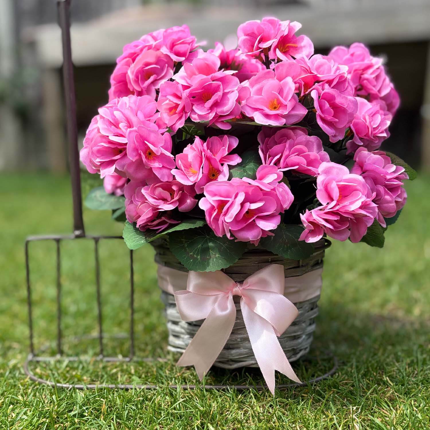 Artificial Pink Geranium Arrangement - Garden Fork Basket Planter With Faux Flowers