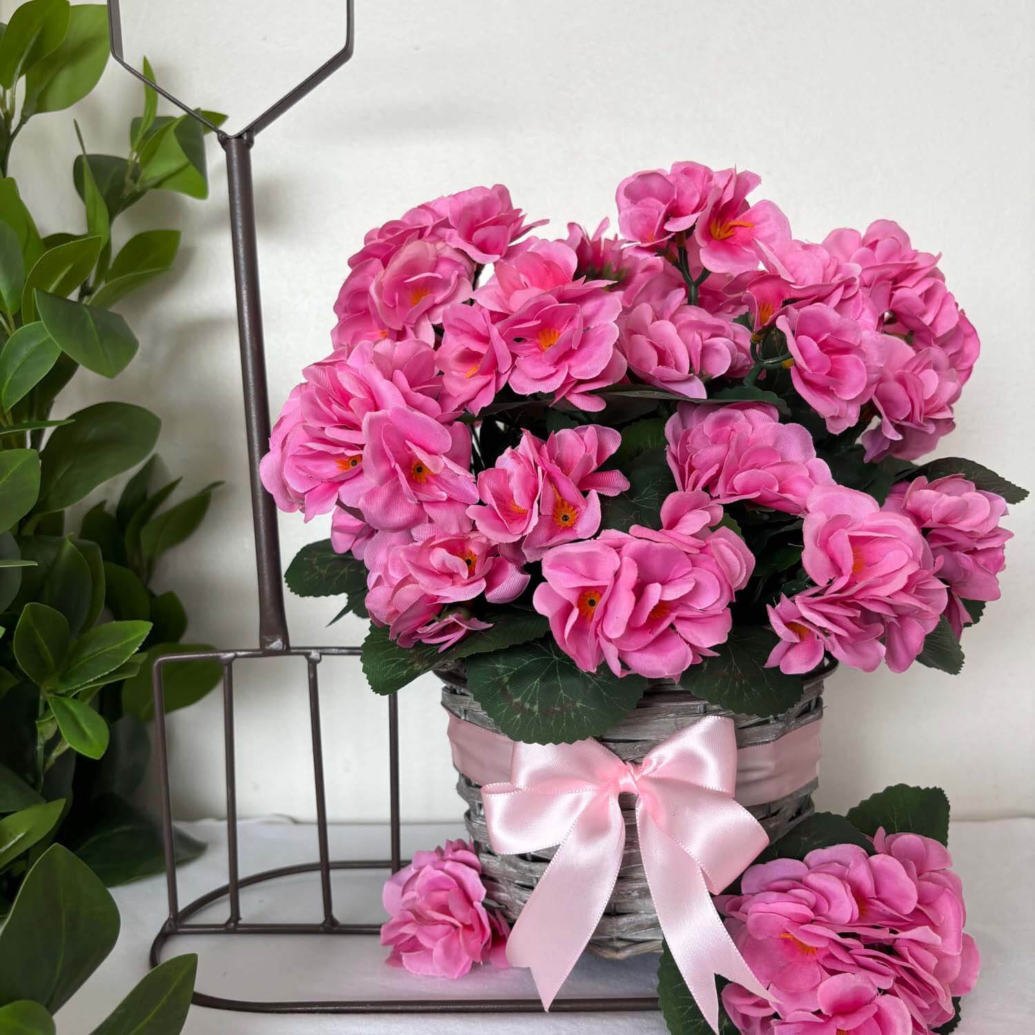Artificial Pink Geranium Arrangement - Garden Fork Basket Planter With Faux Flowers