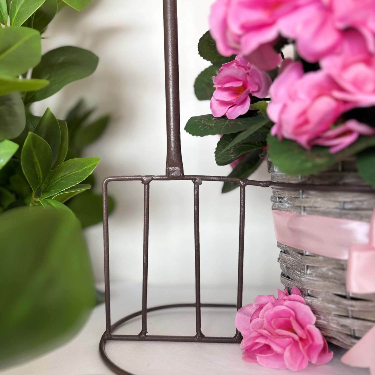 Artificial Pink Geranium Arrangement - Garden Fork Basket Planter With Faux Flowers