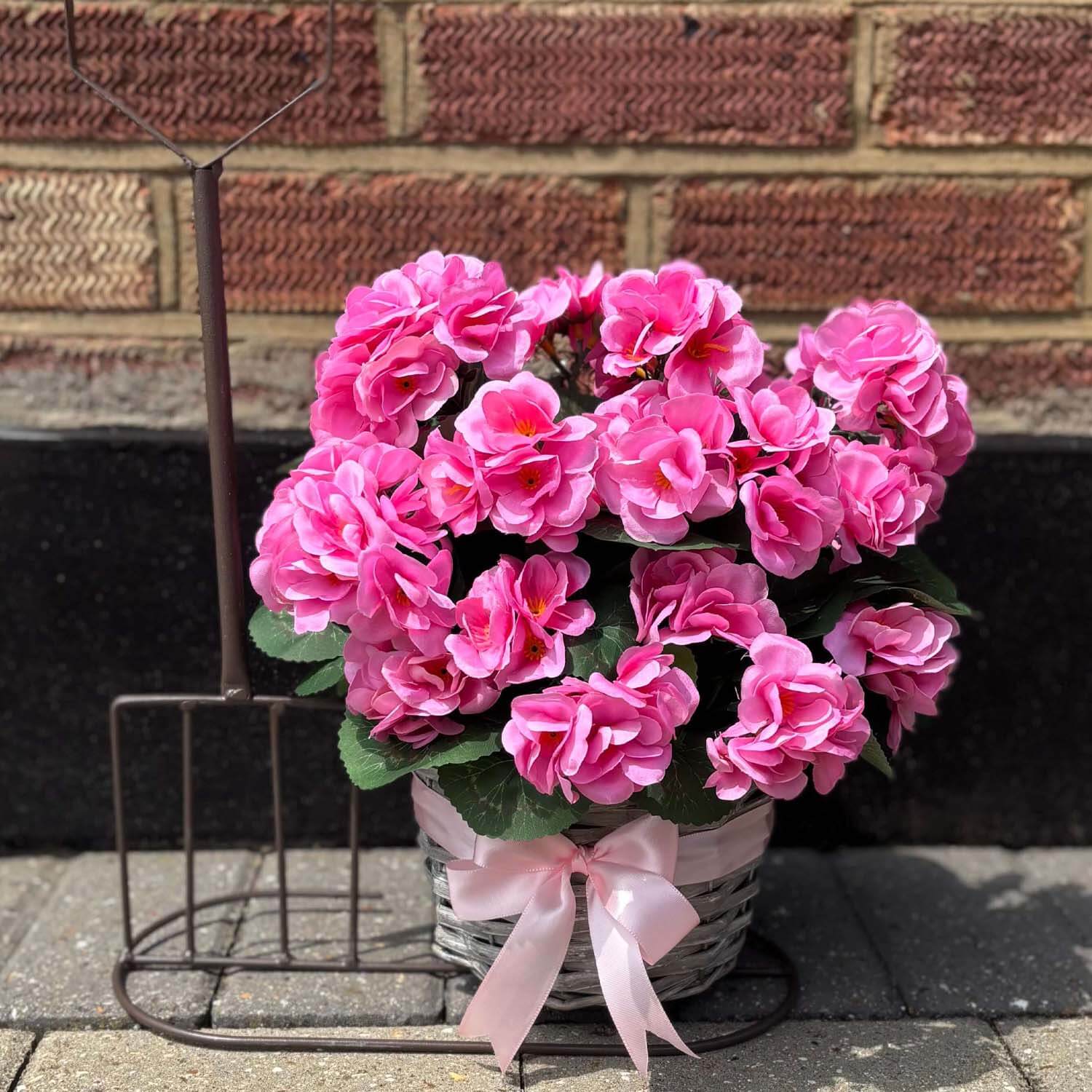 Artificial Pink Geranium Arrangement - Garden Fork Basket Planter With Faux Flowers