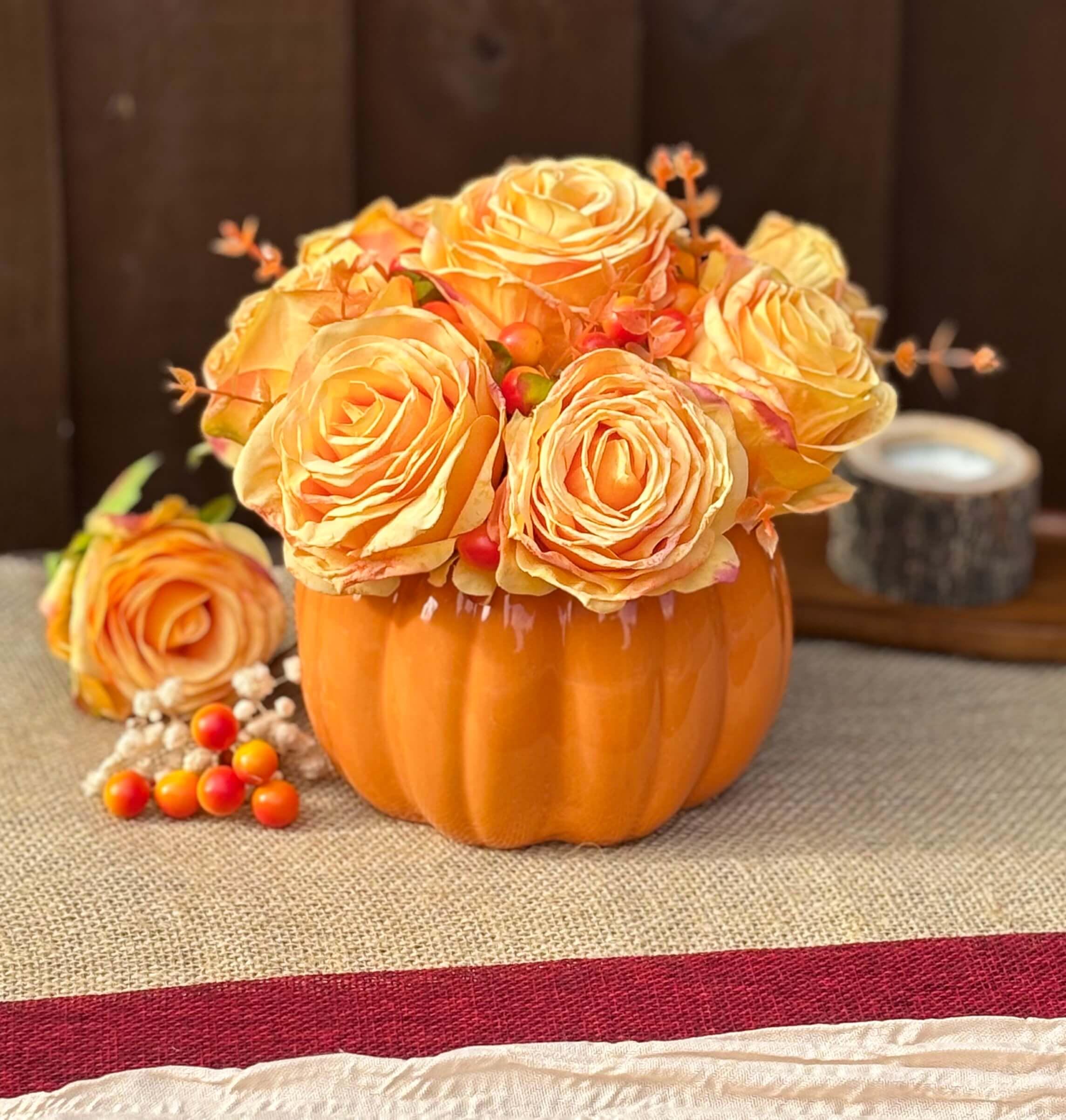 Autumn Artificial Flower Arrangement in Orange Ceramic Pumpkin Pot