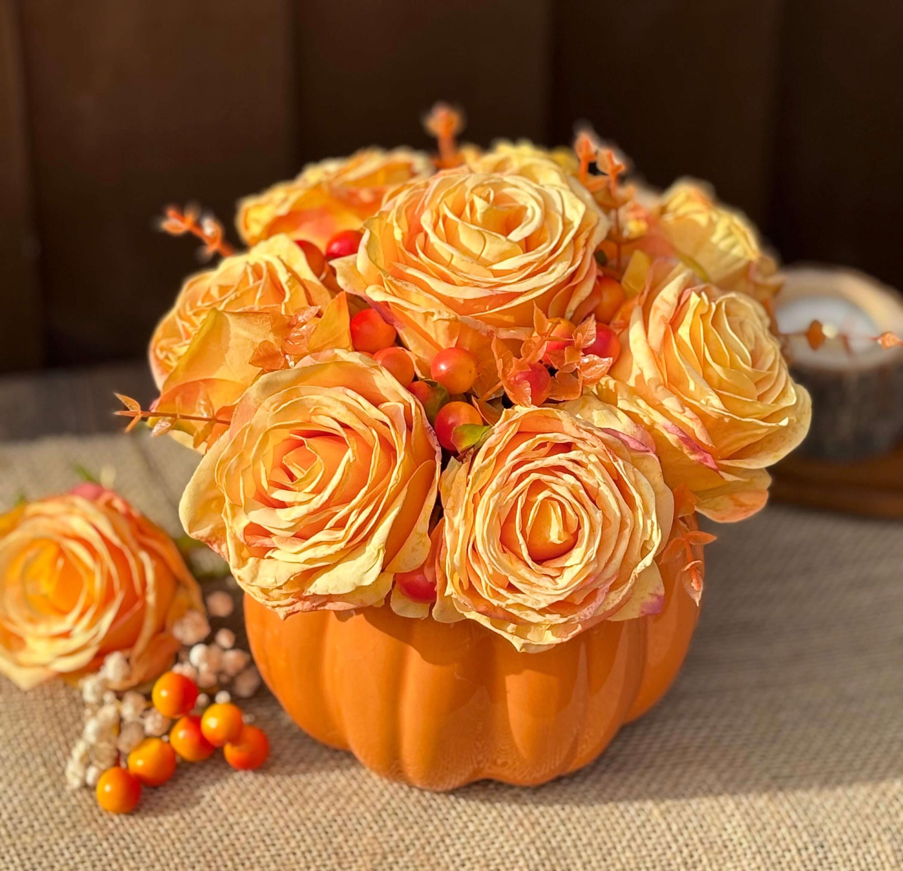 Autumn Artificial Flower Arrangement in Orange Ceramic Pumpkin Pot